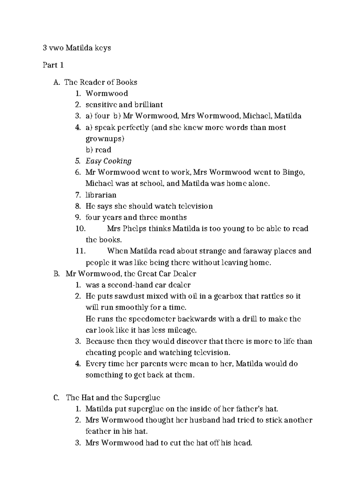 3 VWO Matilda Key Points - Parts 1 & 2 Summary Notes - Studeersnel