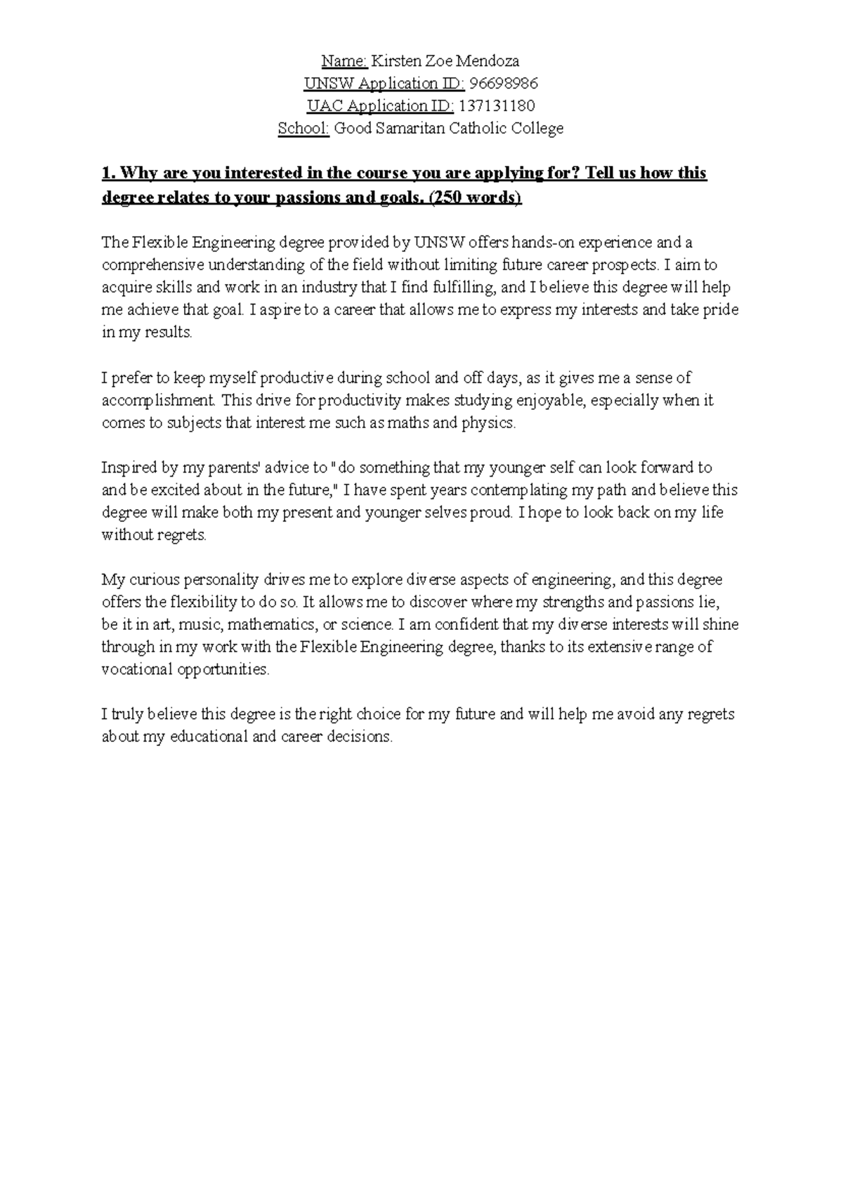 UNSW Personal Statement: Flexible Engineering Degree Insights - Studocu