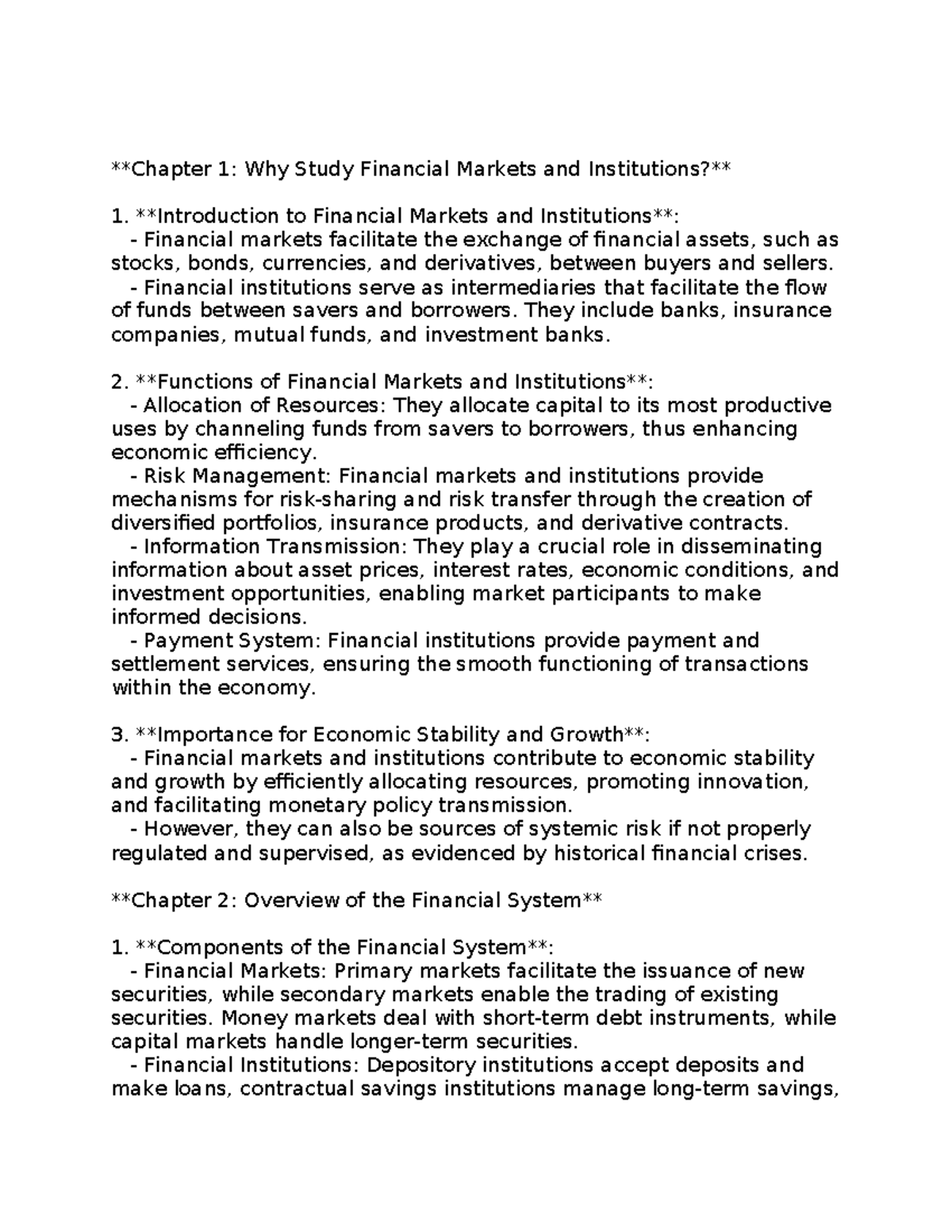 Chapter 1 - notes of - Chapter 1: Why Study Financial Markets and ...