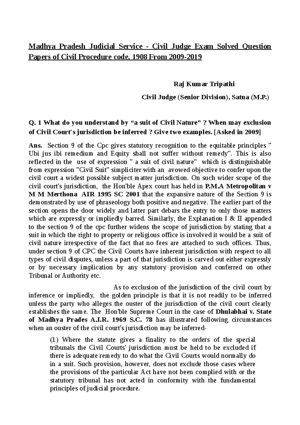 Cpc solved - ....... - Madhya Pradesh Judicial Service - Civil Judge ...