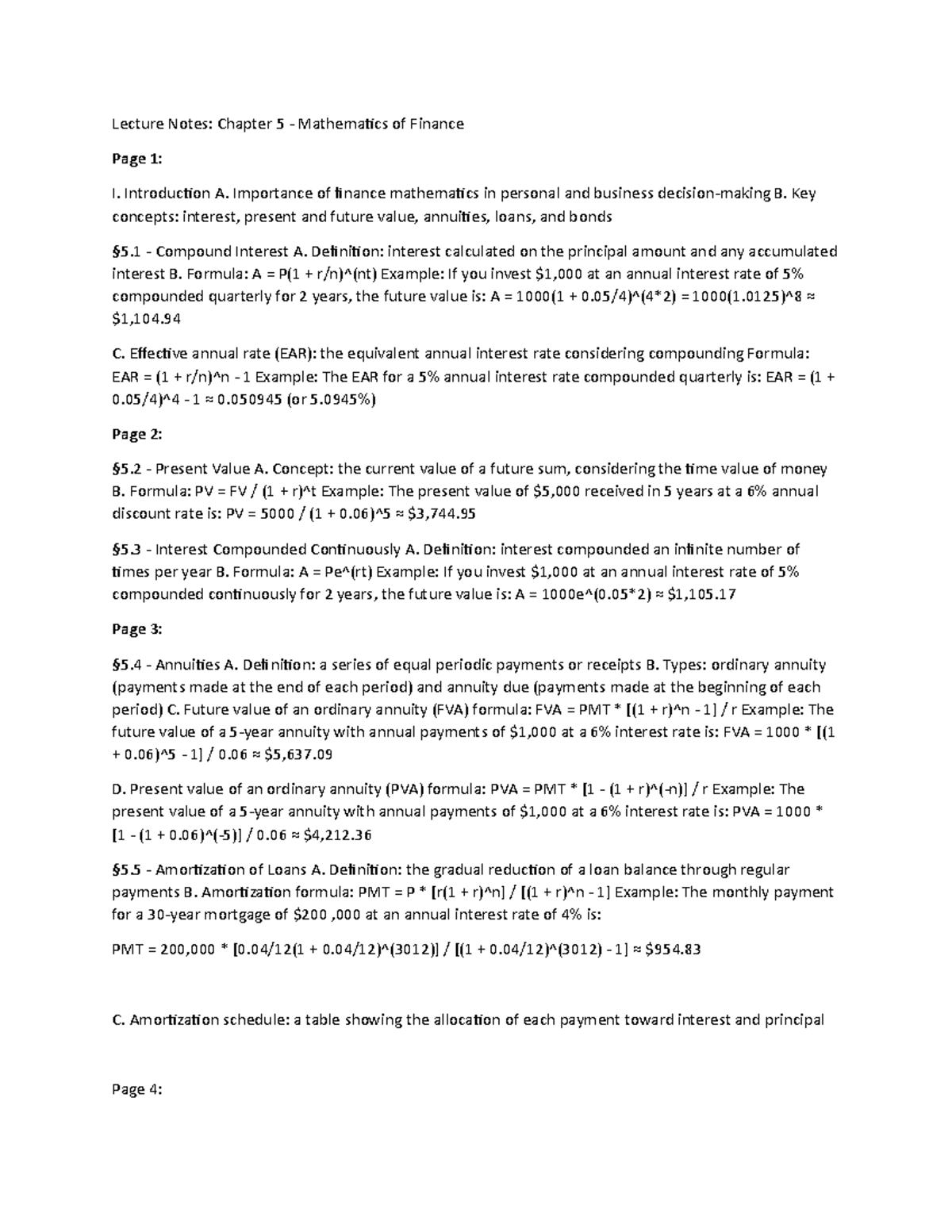 Mathematics of Finance Lecture Notes - Chapter 5 Overview - Studocu