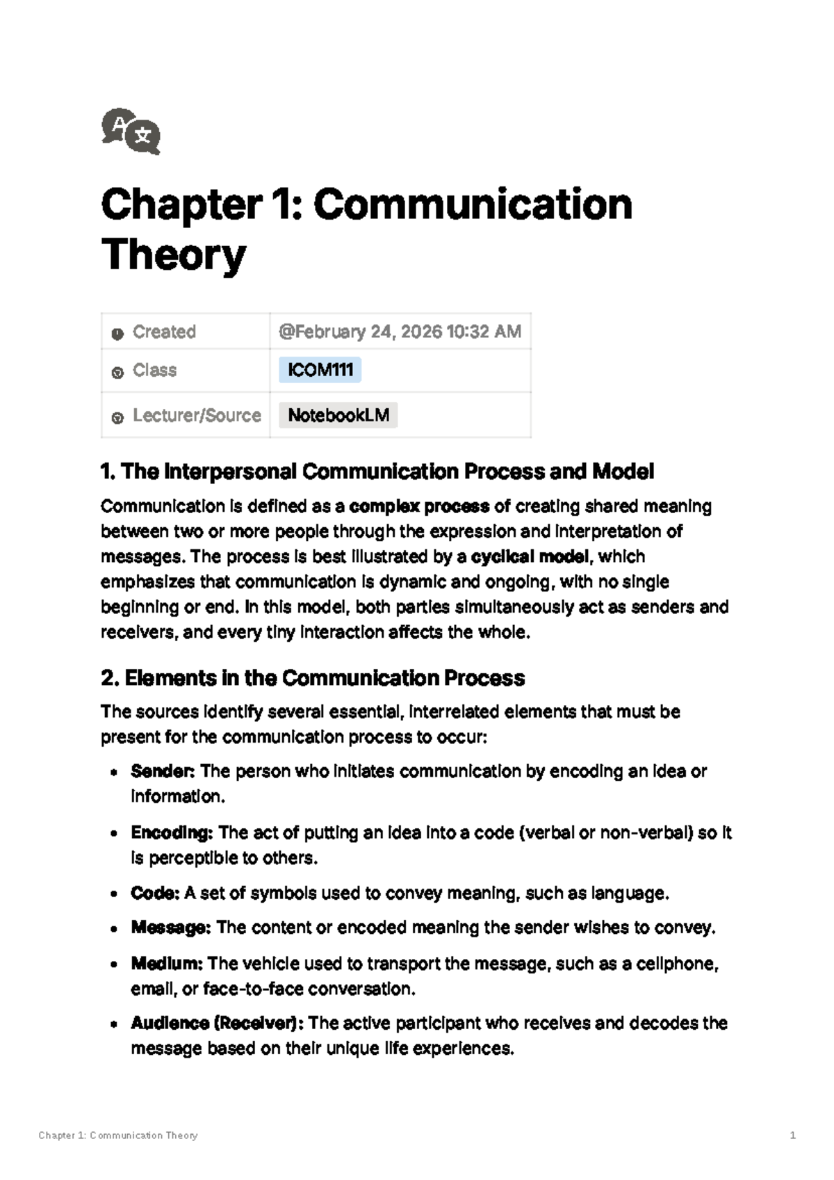ICOM111 Chapter 1: Summary of Communication Theory - Studocu