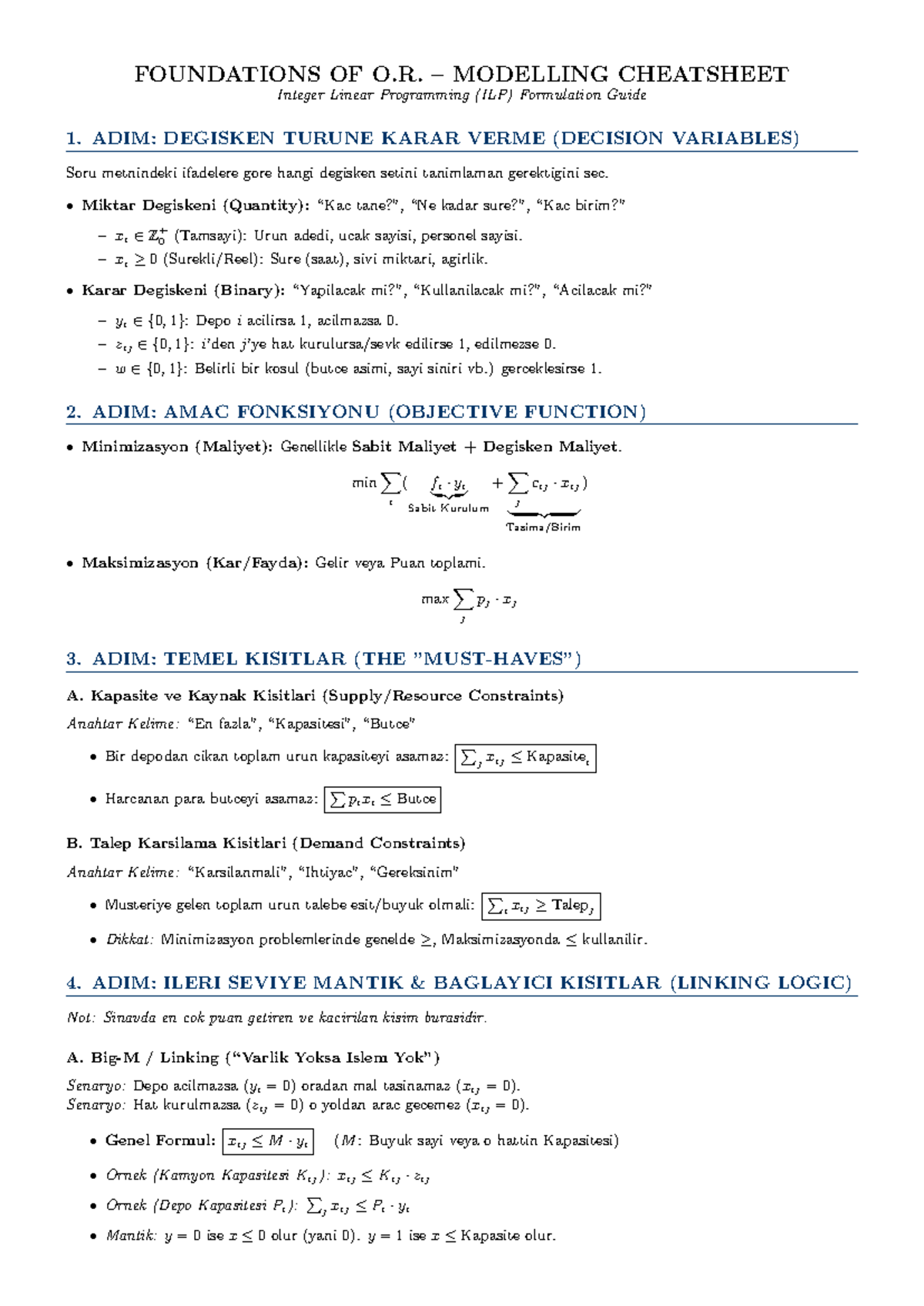 Integer Linear Programming (ILP) Cheat Sheet for O.R. Foundations - Studocu