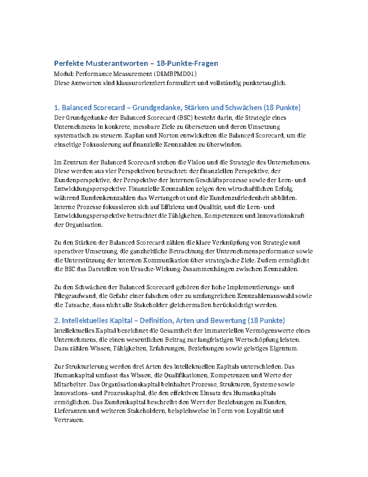 Musterantworten zur Klausur: Performance Measurement (DLMBPMD01) - Document Preview