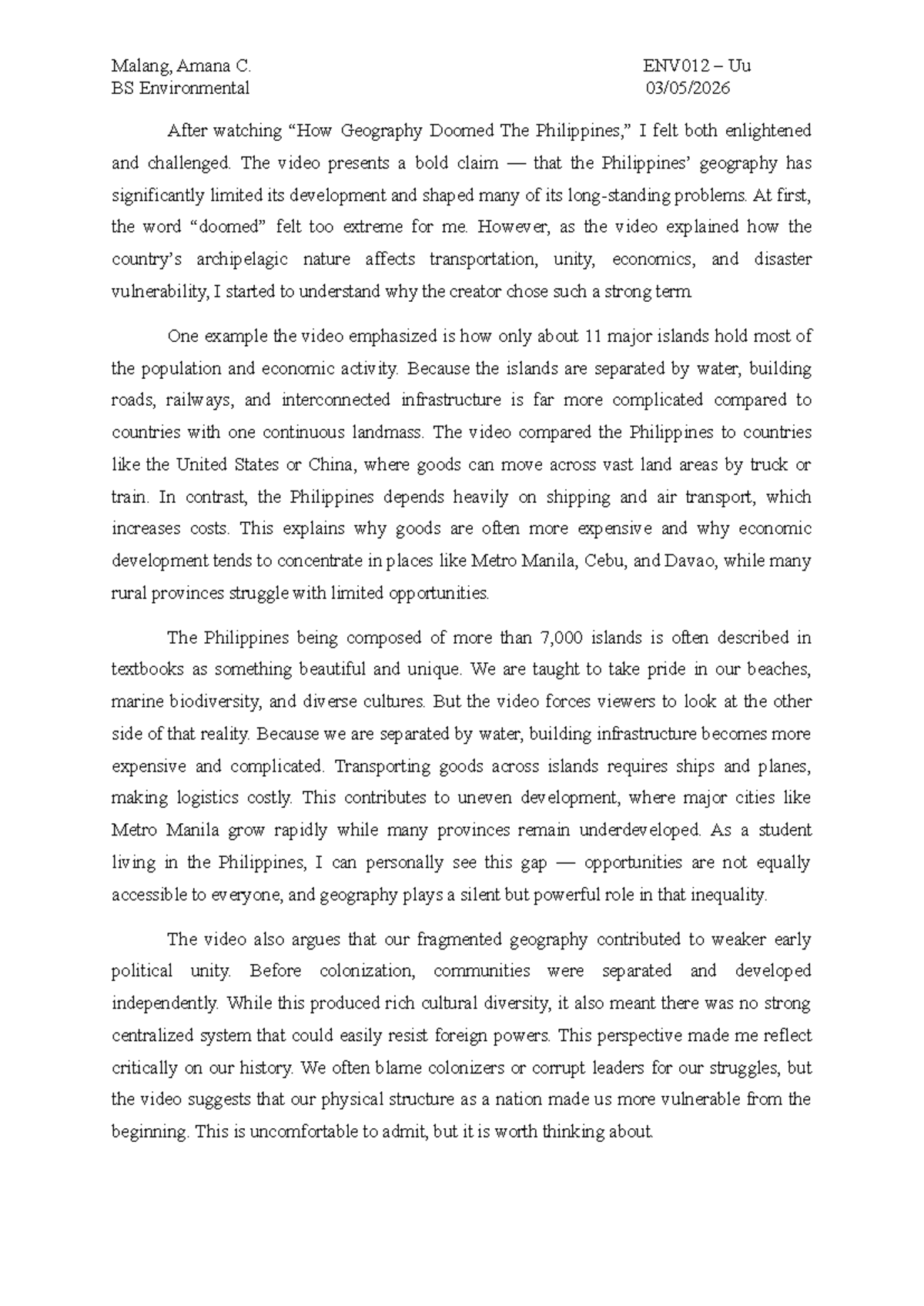 ENV012 Reflection on Geography's Impact on the Philippines - Studocu