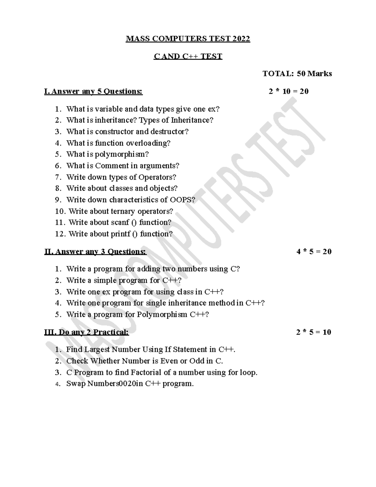 C AND C++ Test - Final Exam 2022 (50 Marks) - Studocu