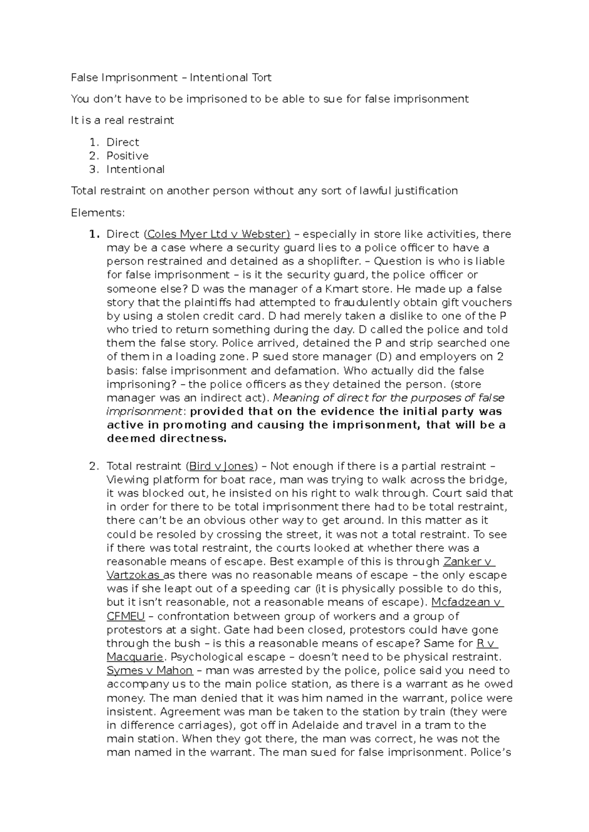 False Imprisonment in Intentional Torts: Lecture Week 2 Notes - Studocu