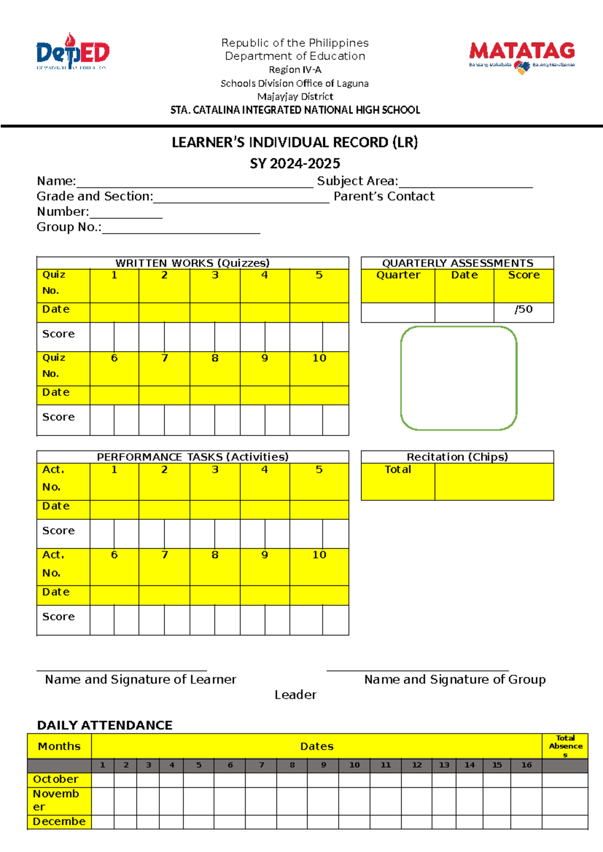 Individual Learner's Record - Republic of the Philippines Department of ...