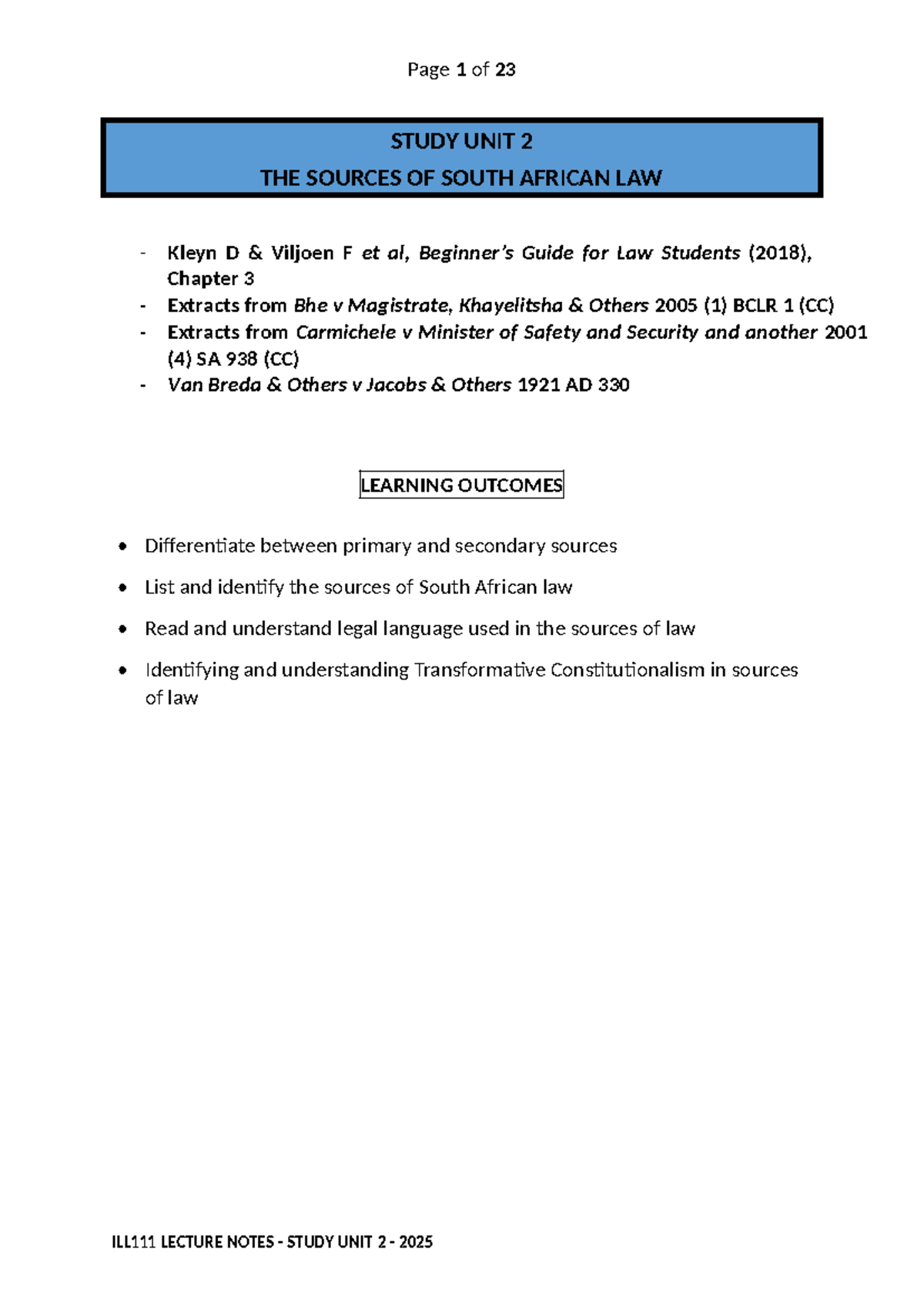 ILL111 Lecture Notes: Sources of South African Law - Study Unit 2 (2025 ...
