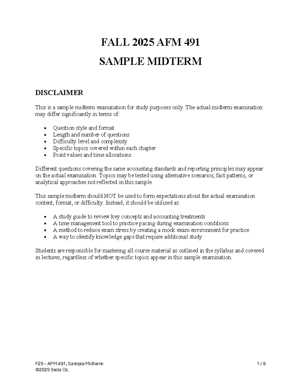 FALL 2025 AFM 491 Sample Midterm Exam Study Guide - Studocu