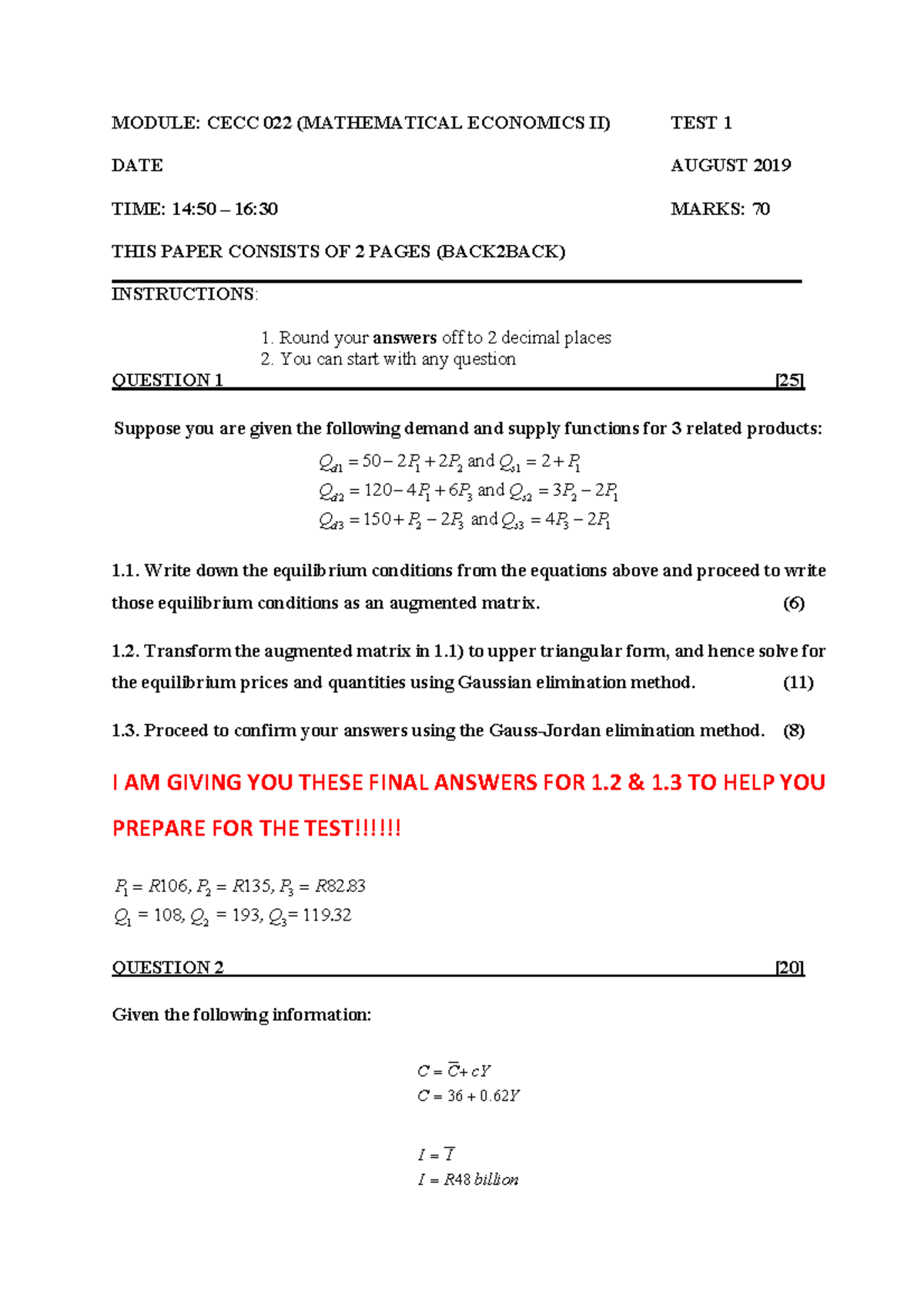 Test 1 2019: Mathematical Economics II - Previous Question Paper - Studocu