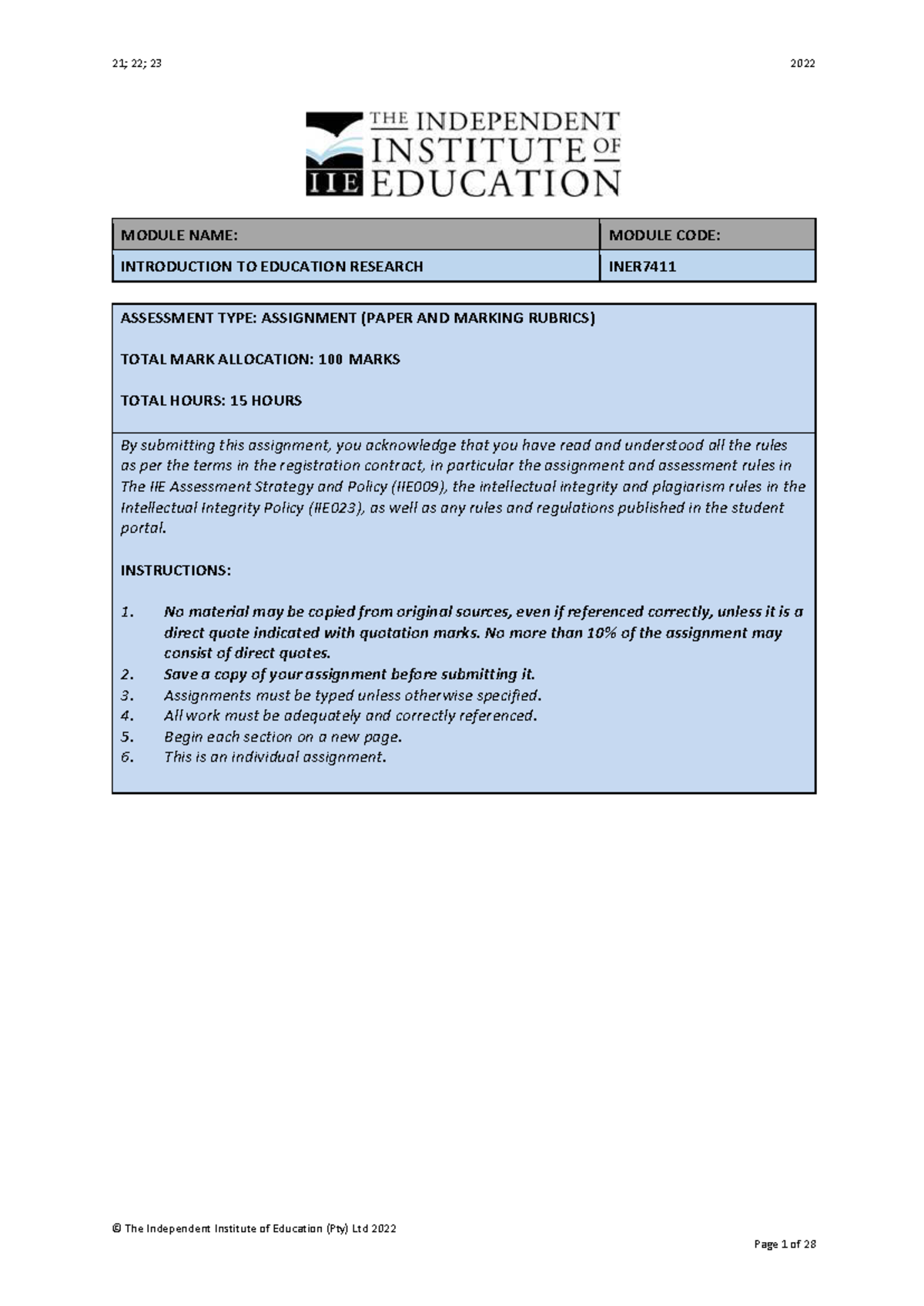 INER7411 - Assignment 1: Education Research Overview & Guidelines - Studocu