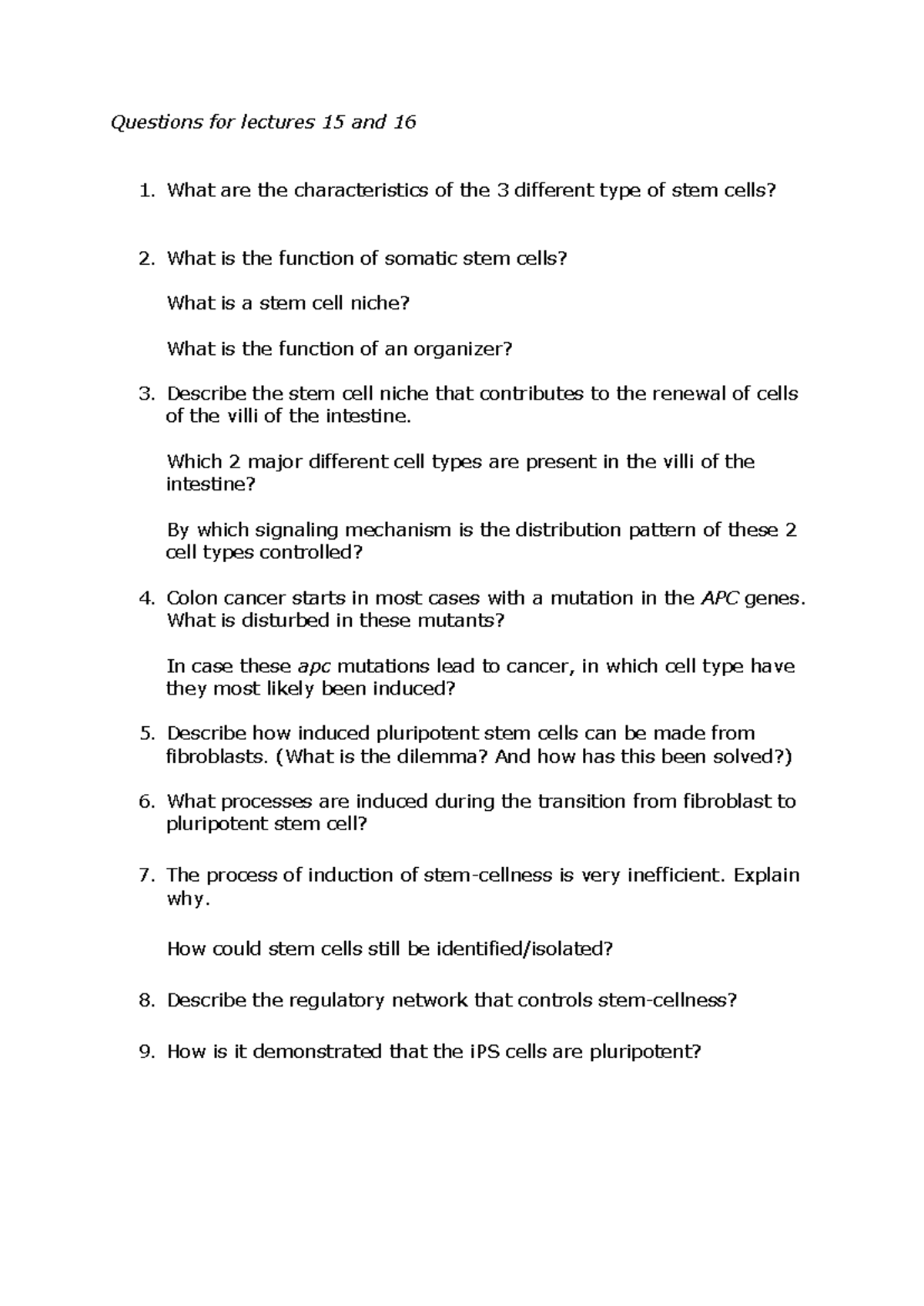 Lecture Questions on Stem Cells: Insights from Lectures 15 & 16 ...