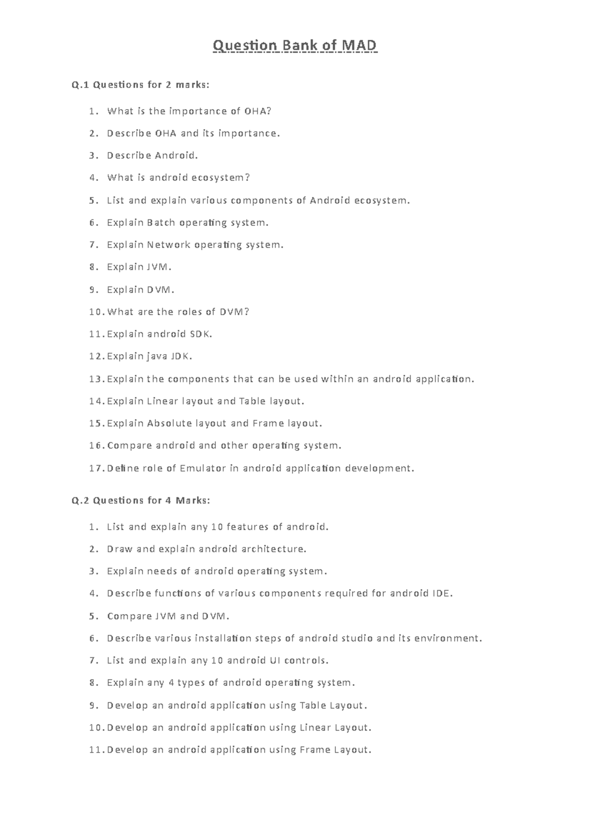 Question Bank for MAD (Mobile App Dev) - QB for OHA & Android Concepts ...