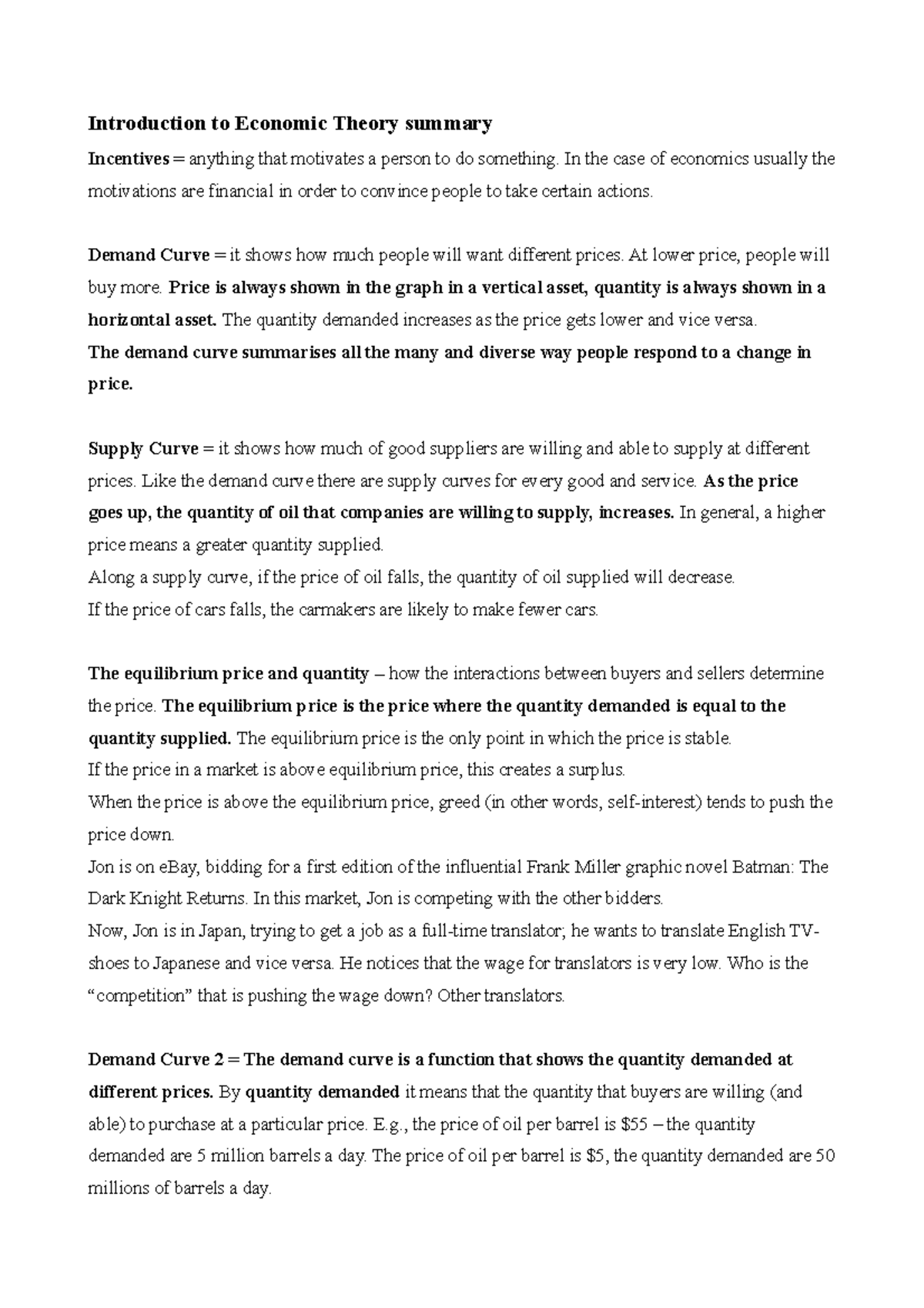 Introduction to Economic Theory summary from chapter 1 to cost and ...