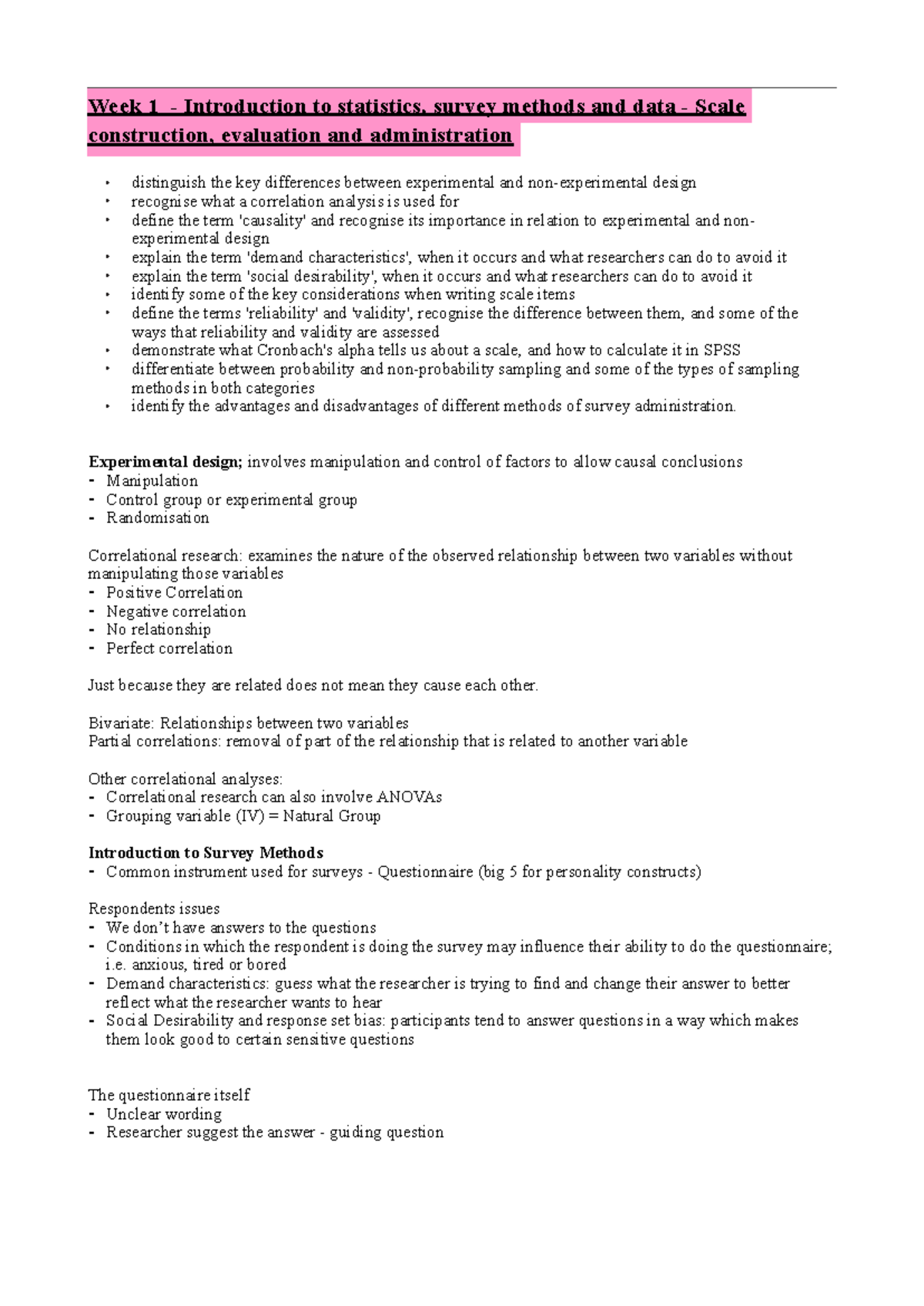 Advanced Research Methods: Week 1 - Intro to Stats, Survey Methods ...
