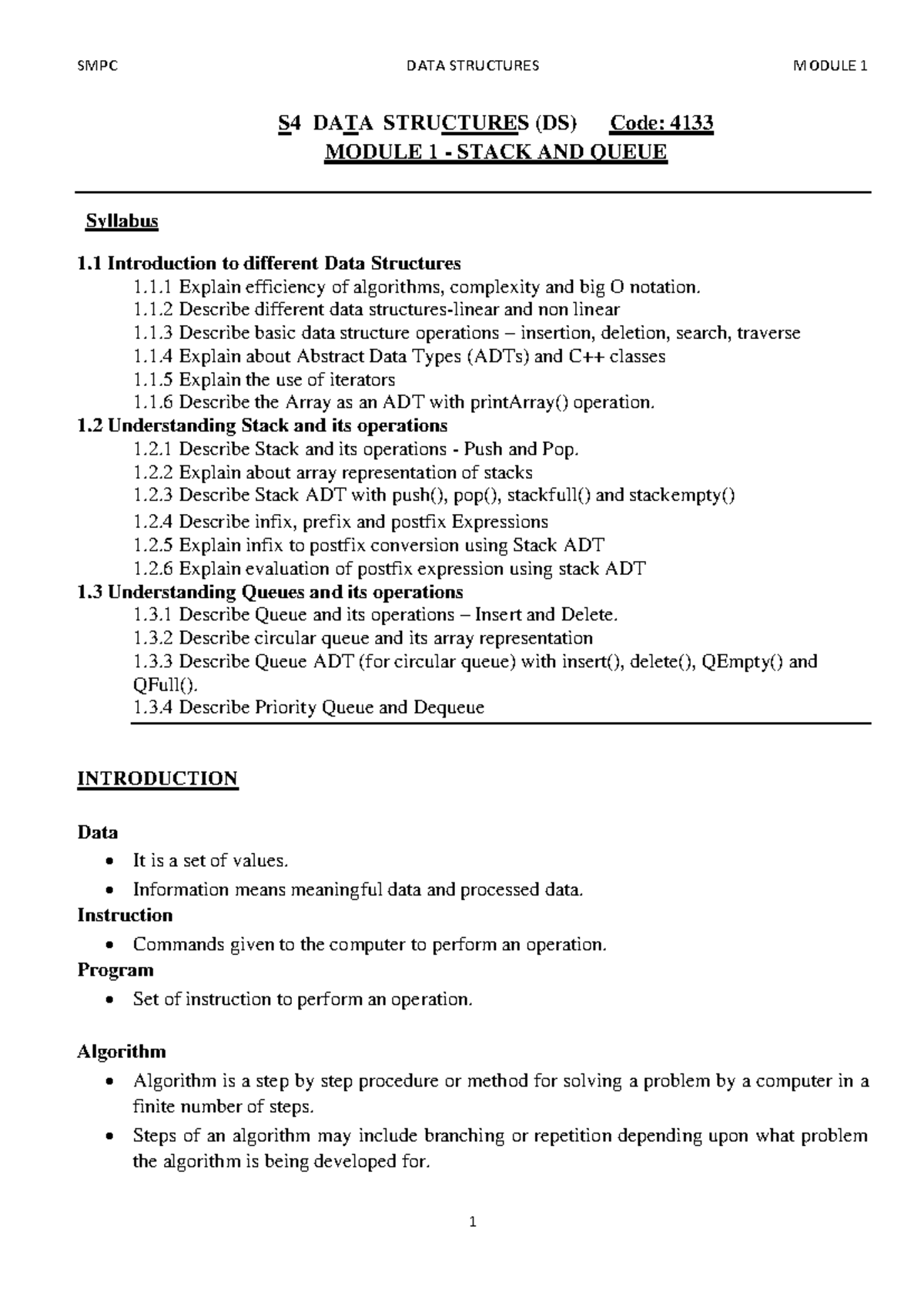 SMPC DATA STRUCTURES MODULE 1: STACK AND QUEUE OVERVIEW (Code: 4133 ...