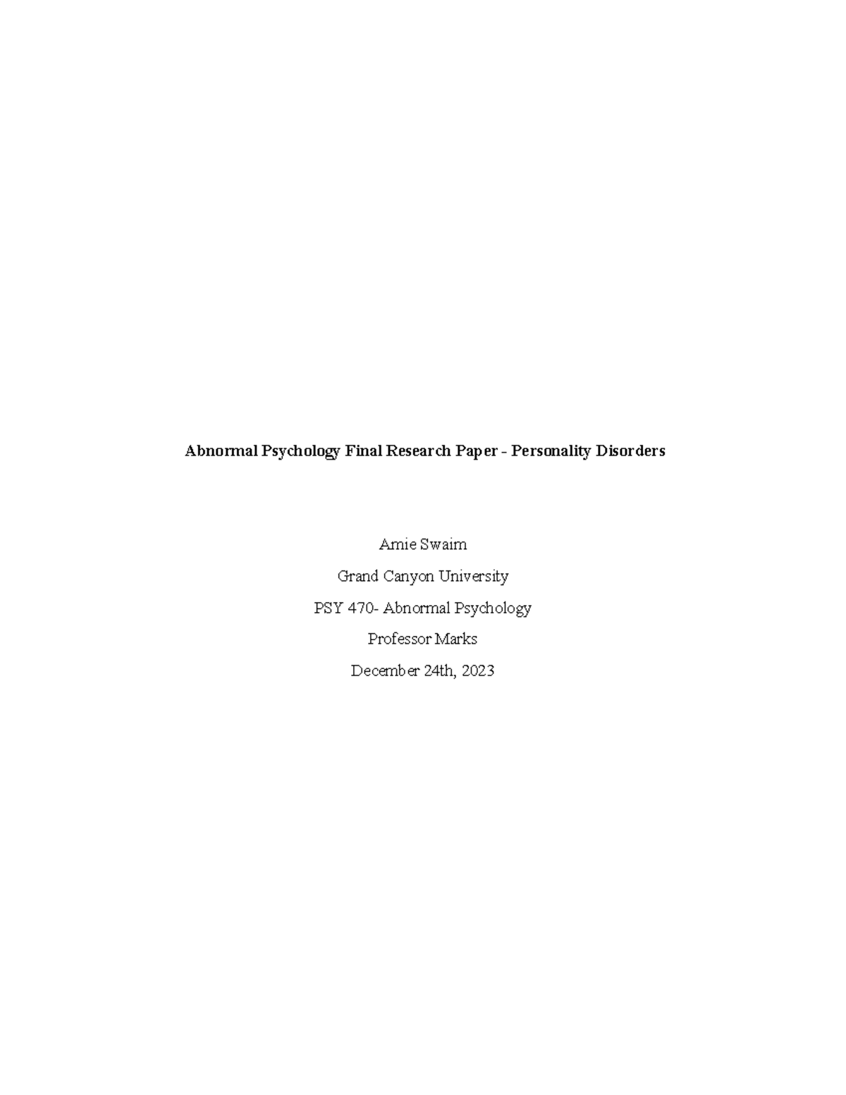 PSY 470 - Final Research Paper: Exploring Personality Disorders - Studocu