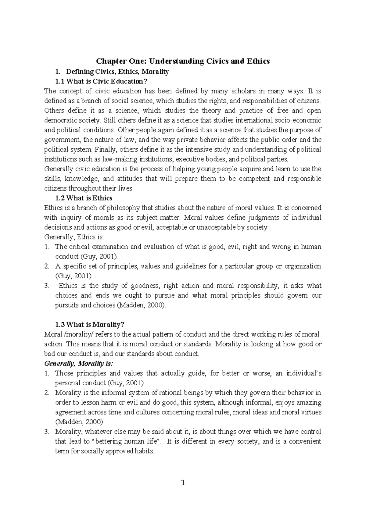 Chapter One morality and citizenship - Chapter One: Understanding ...