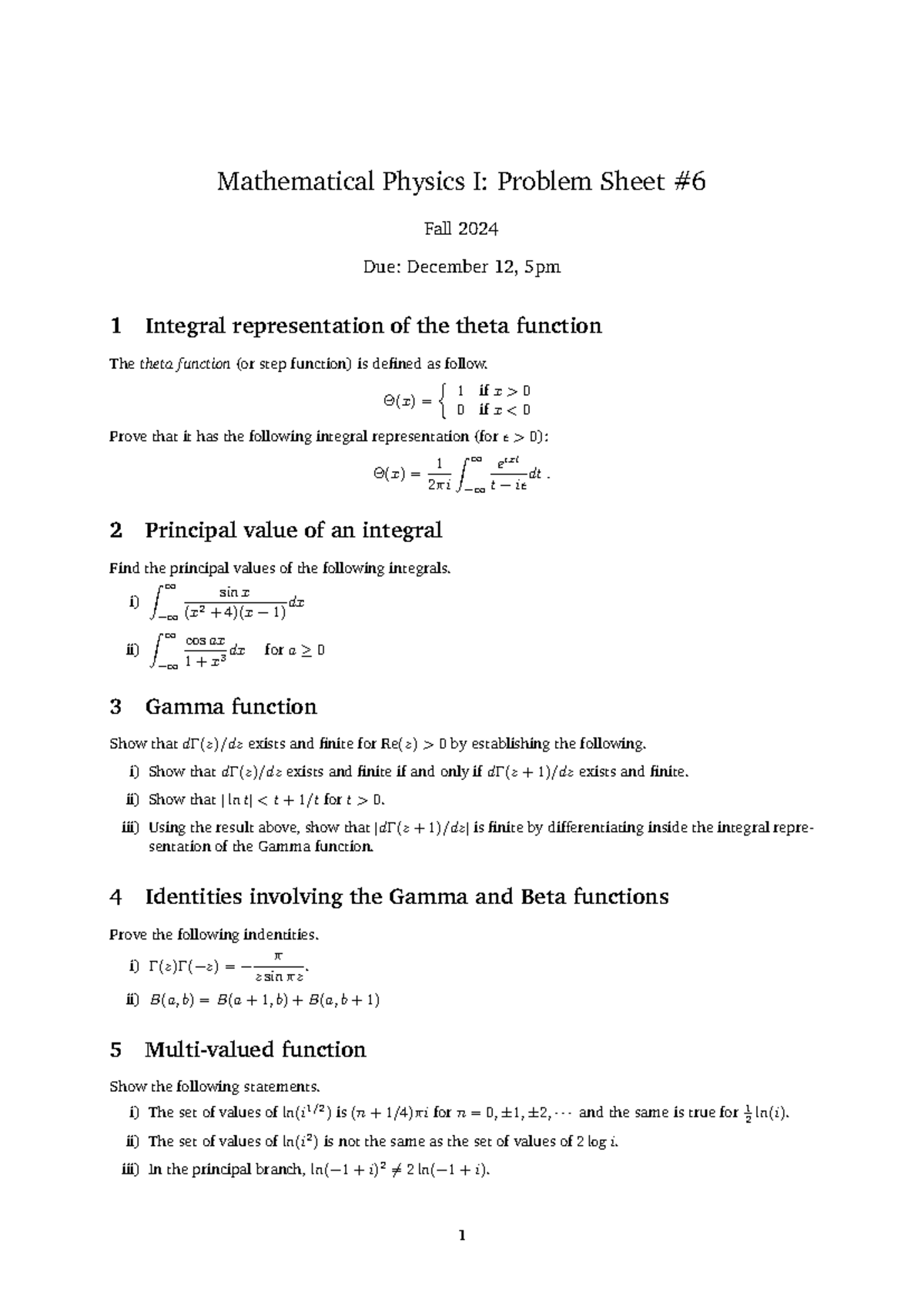 HW6 - homework - Mathematical Physics I: Problem Sheet Fall 2024 Due ...