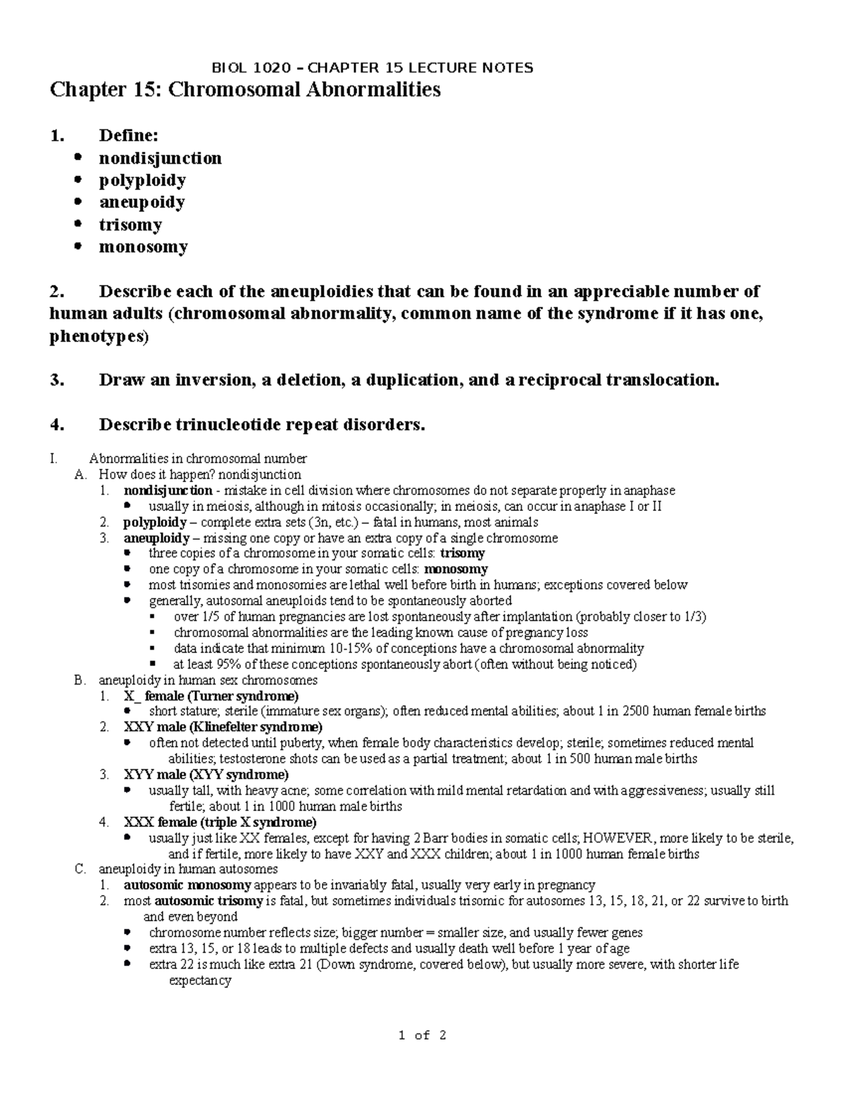 BIOL 1020 - Chapter 15 Study Guide: Chromosomal Abnormalities - Studocu