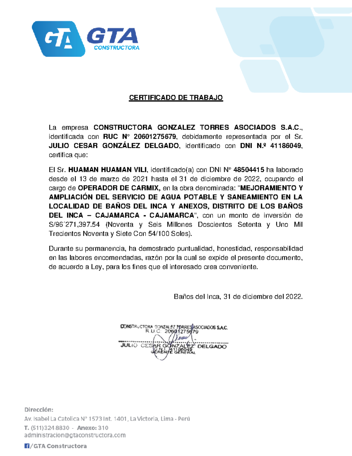 Certificado de Trabajo de Huaman Huaman VILI - Constructora G.T. - Document Preview