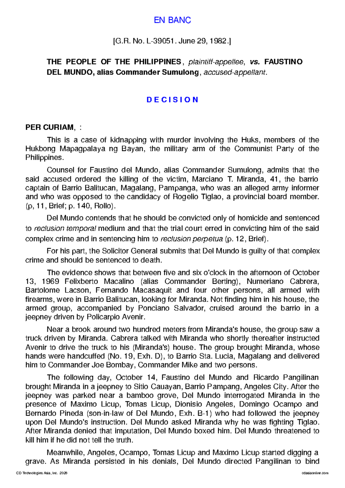 People v. Del Mundo: Case Study on Kidnapping with Murder - Studocu