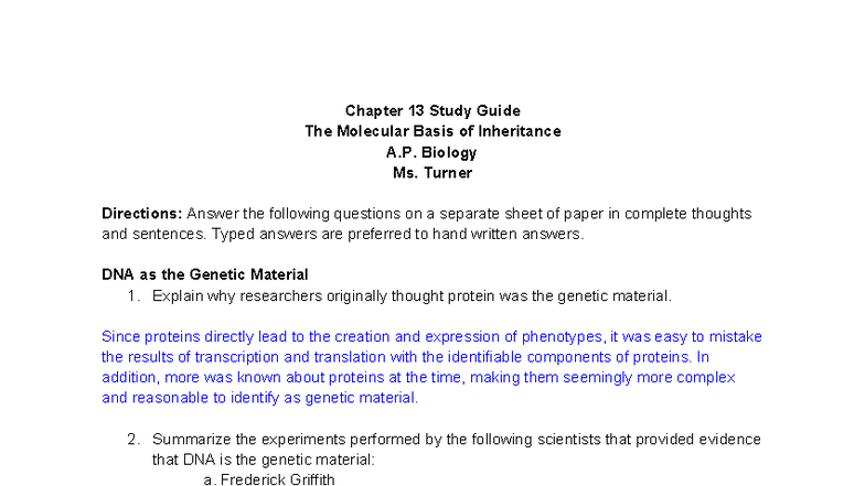 Chapter 13 Study Guide: The Molecular Basis of Inheritance - A.P ...
