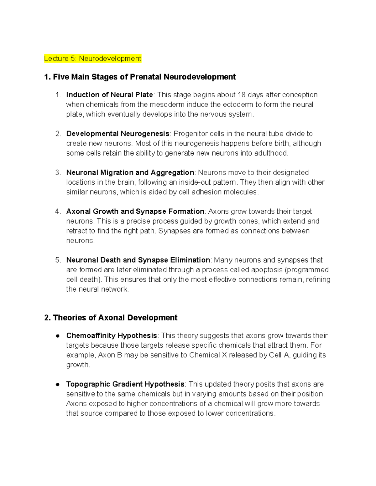 PSY 290 Lecture 5-10 Study Guide: Neurodevelopment, Learning, and ...