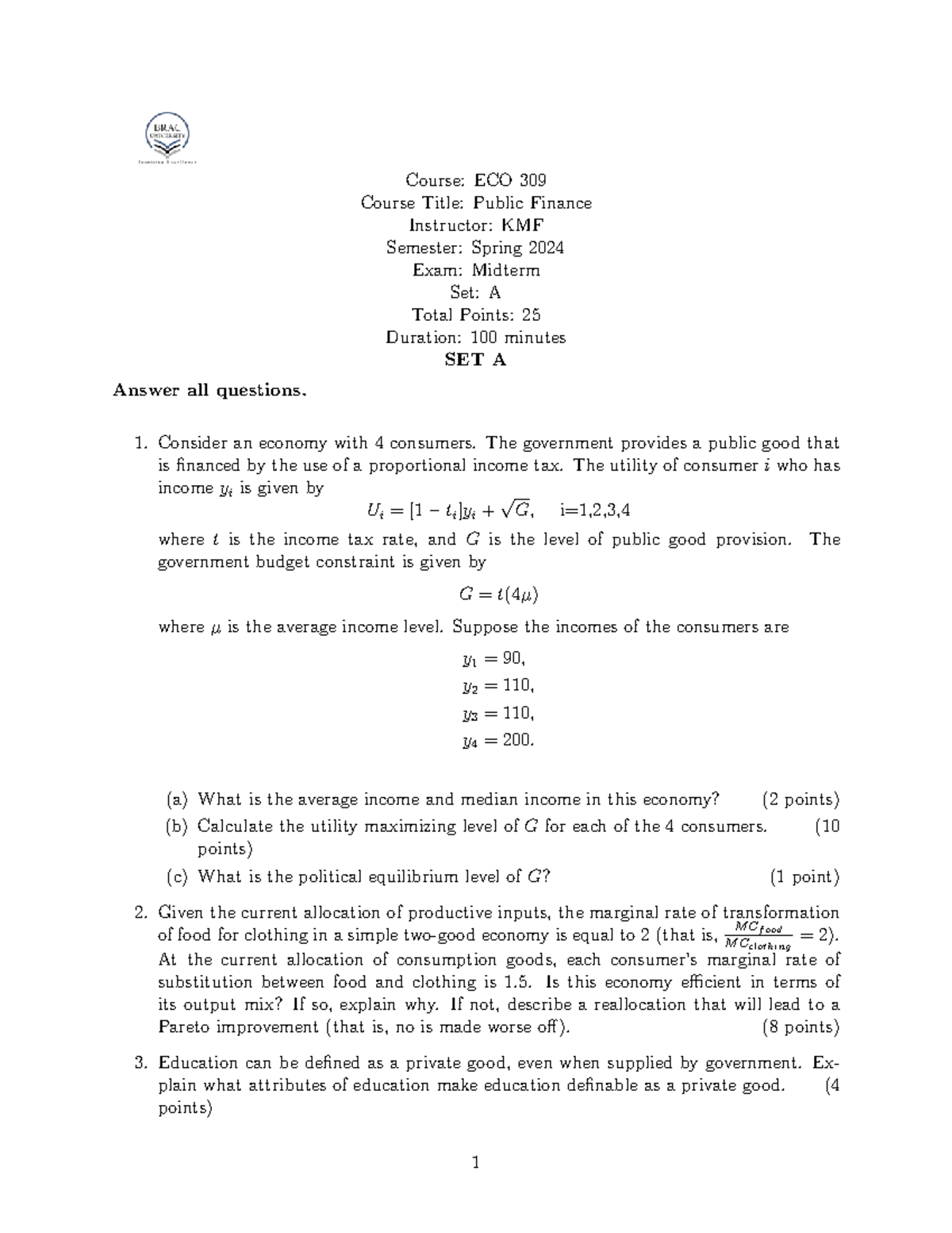 ECO 309 Spring 2024 Midterm Exam Set A: Public Finance Analysis - Studocu