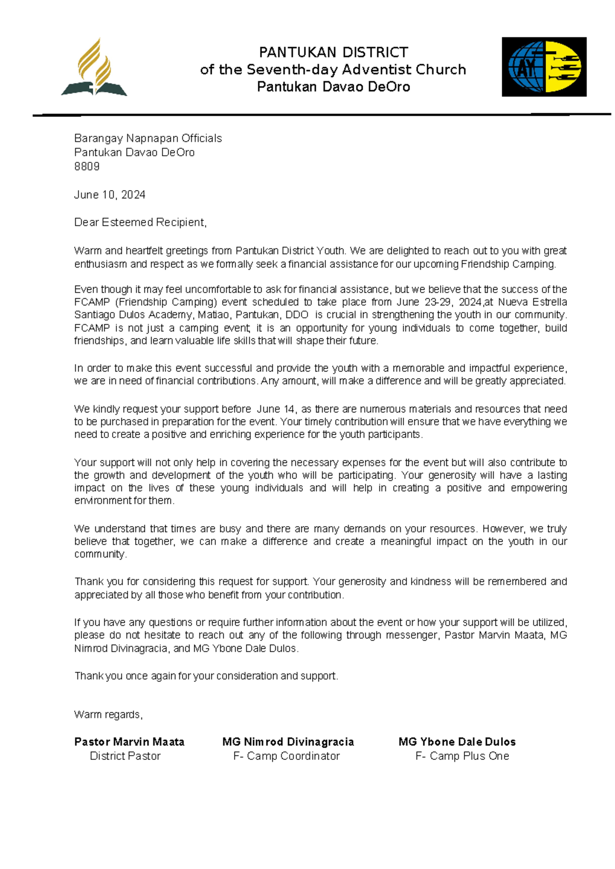 Solicitation letter- Barangay Matiao Officials - PANTUKAN DISTRICT of ...