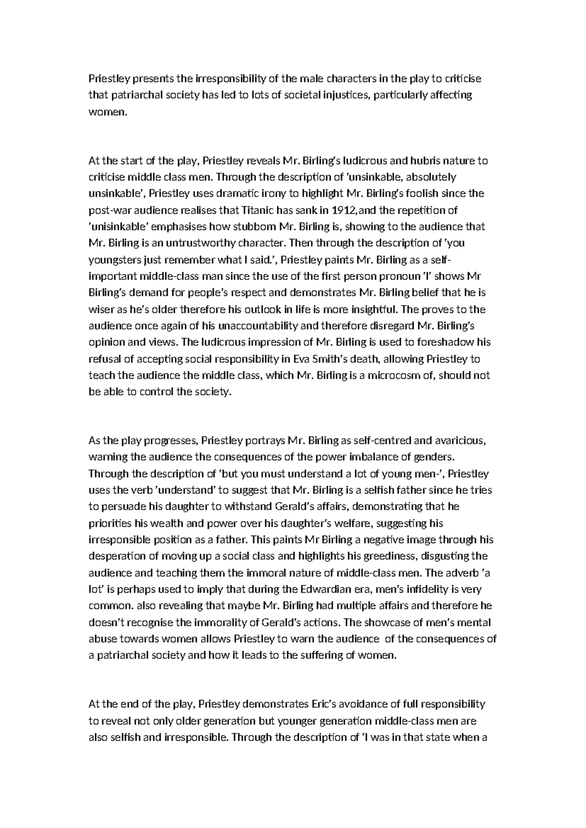 AIC feedback - an inspector calls essay written by me - Priestley ...