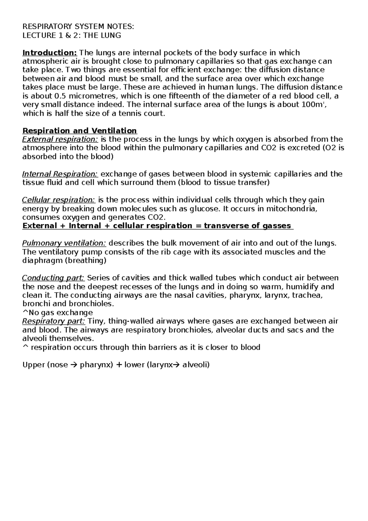 RESPIRATORY SYSTEM NOTES: LECTURE 1 - THE LUNG OVERVIEW - Studocu
