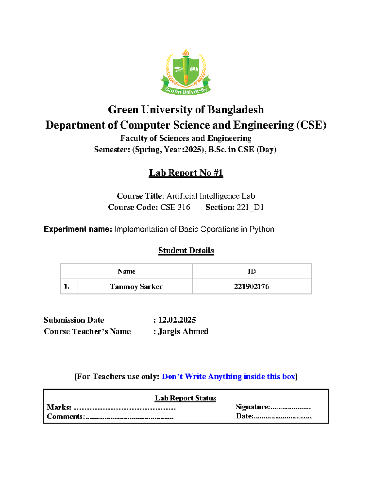 CSE 316 Lab Report: Basic Python Operations Implementation - Studocu