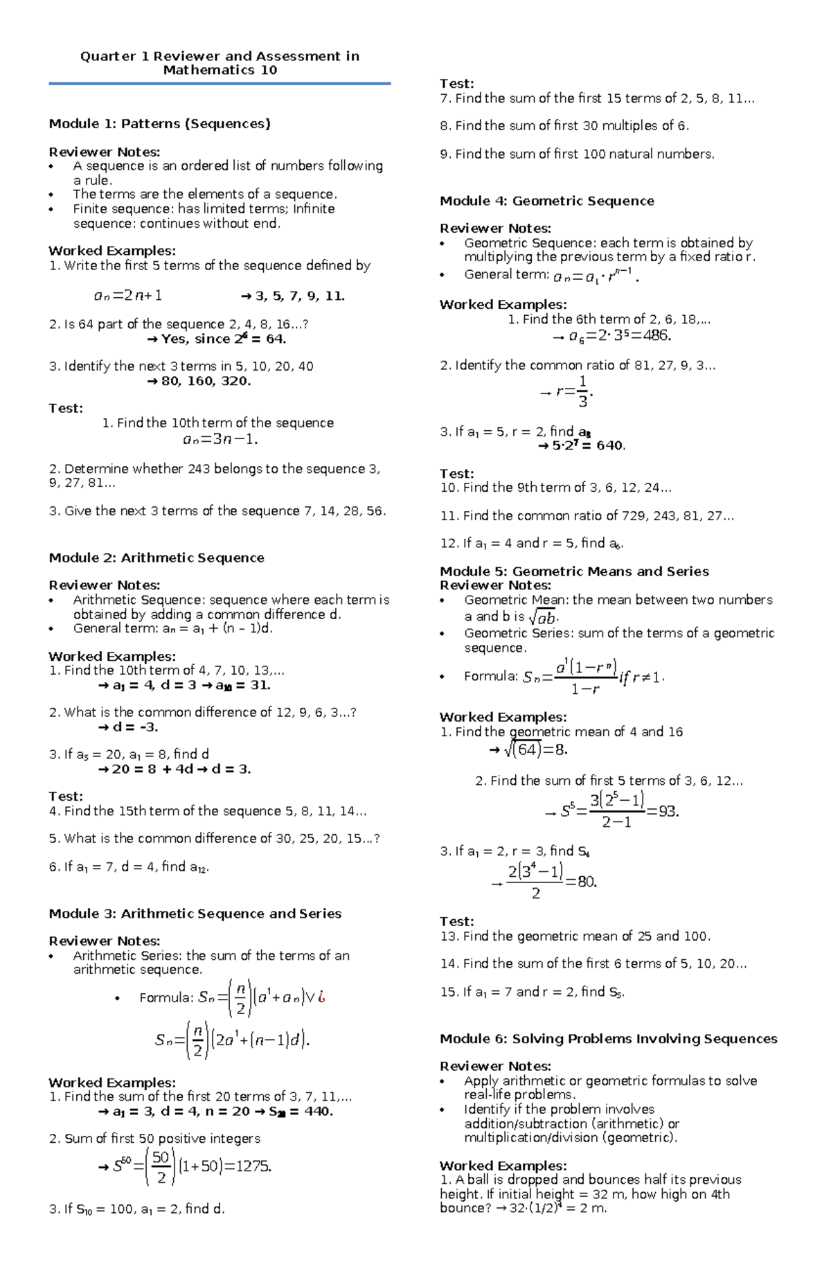 Mathematics 10 Q1 Reviewer: Sequences & Series Concepts and Tests - Studocu