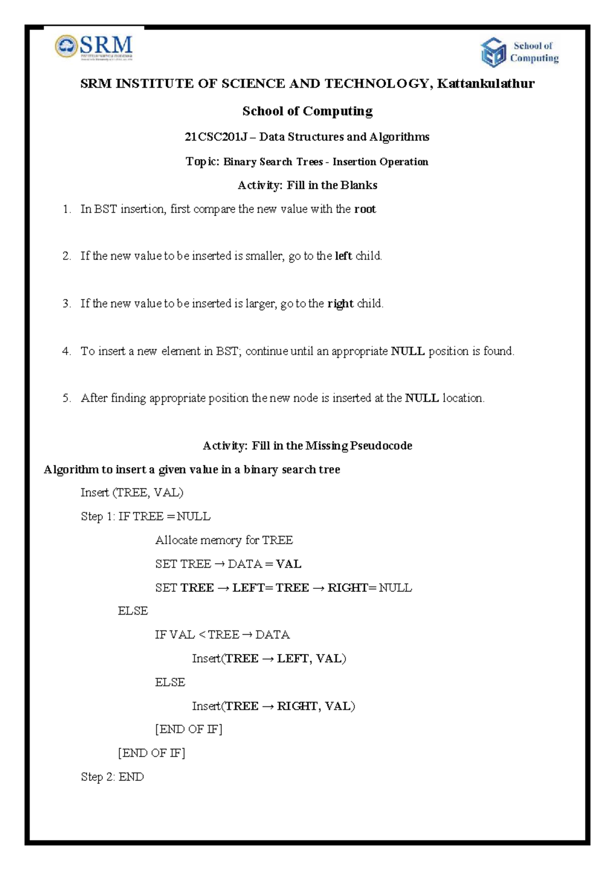 21CSC201J Data Structures & Algorithms: BST Insertion Notes - Studocu