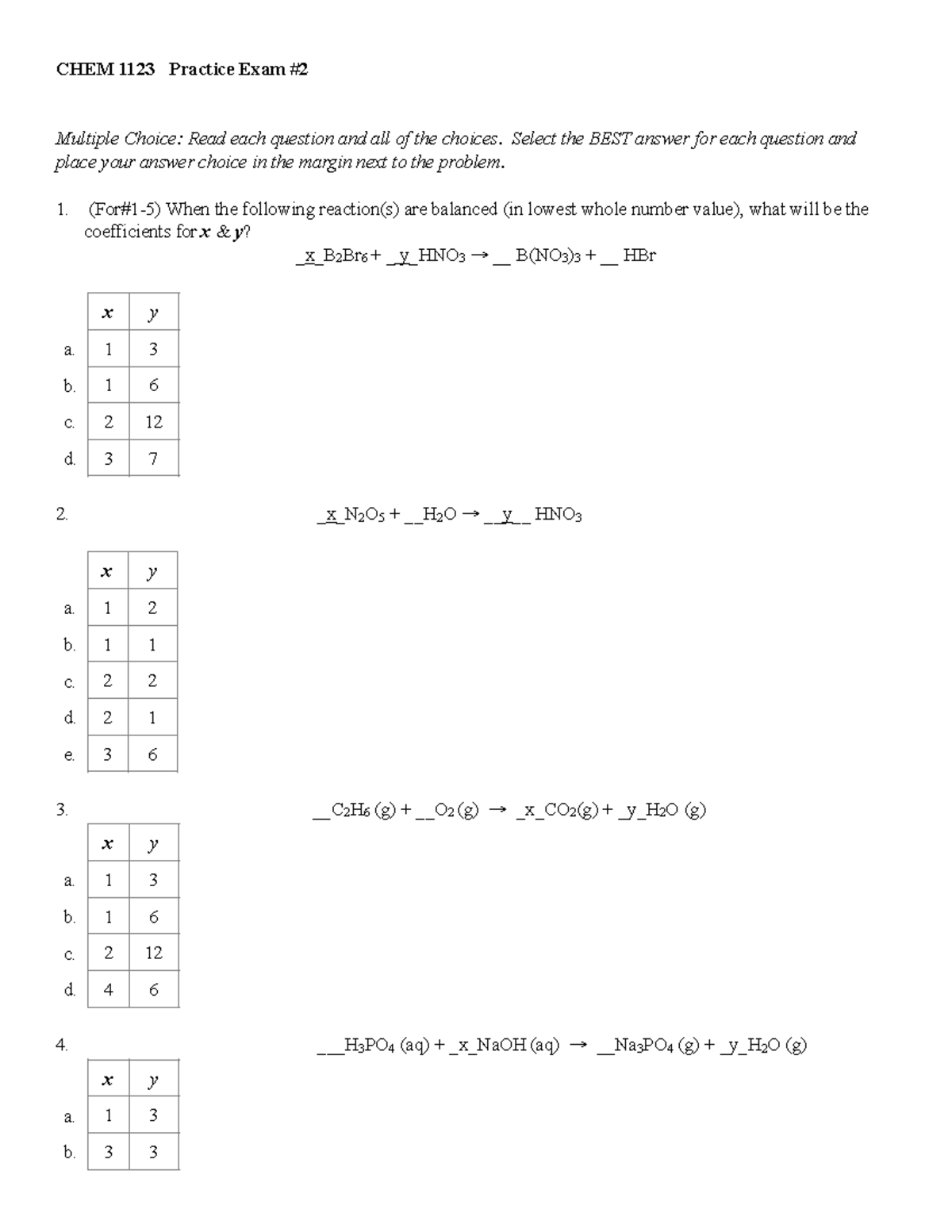 CHEM 1123 Practice Exam #2: Multiple Choice Questions - Studocu
