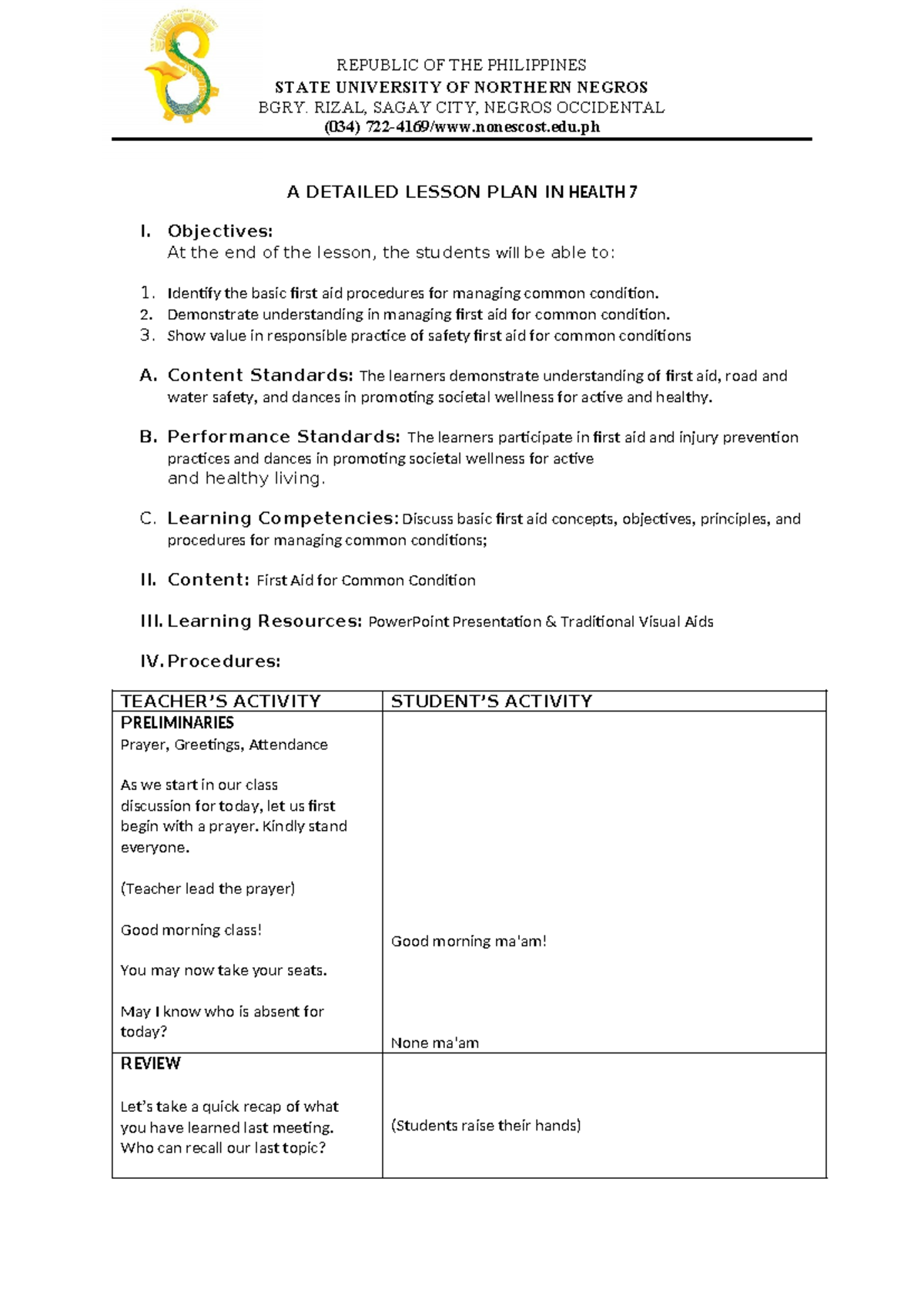 Detailed Lesson Plan in Health 7: First Aid for Common Conditions (034 ...