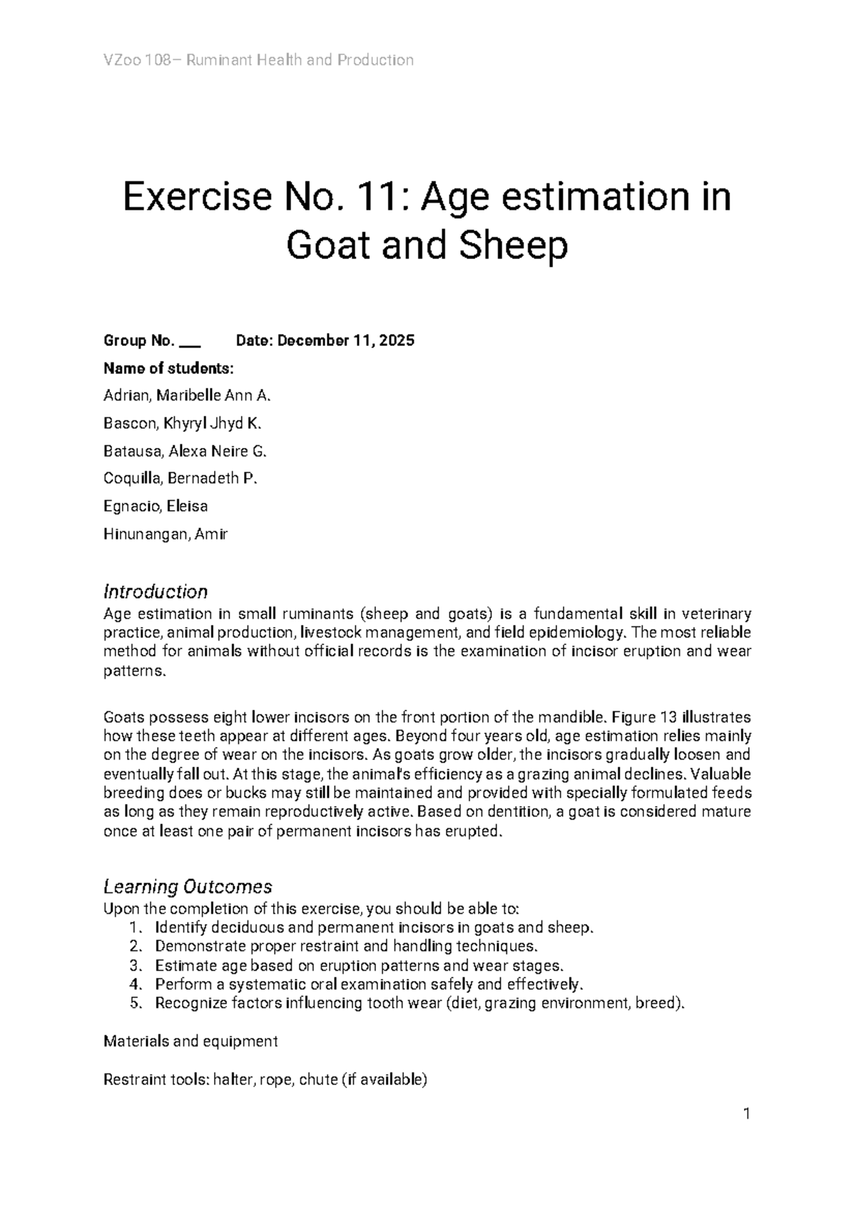 VZoo Ruminant Health & Production Lab Ex 11: Age Estimation in Goats ...