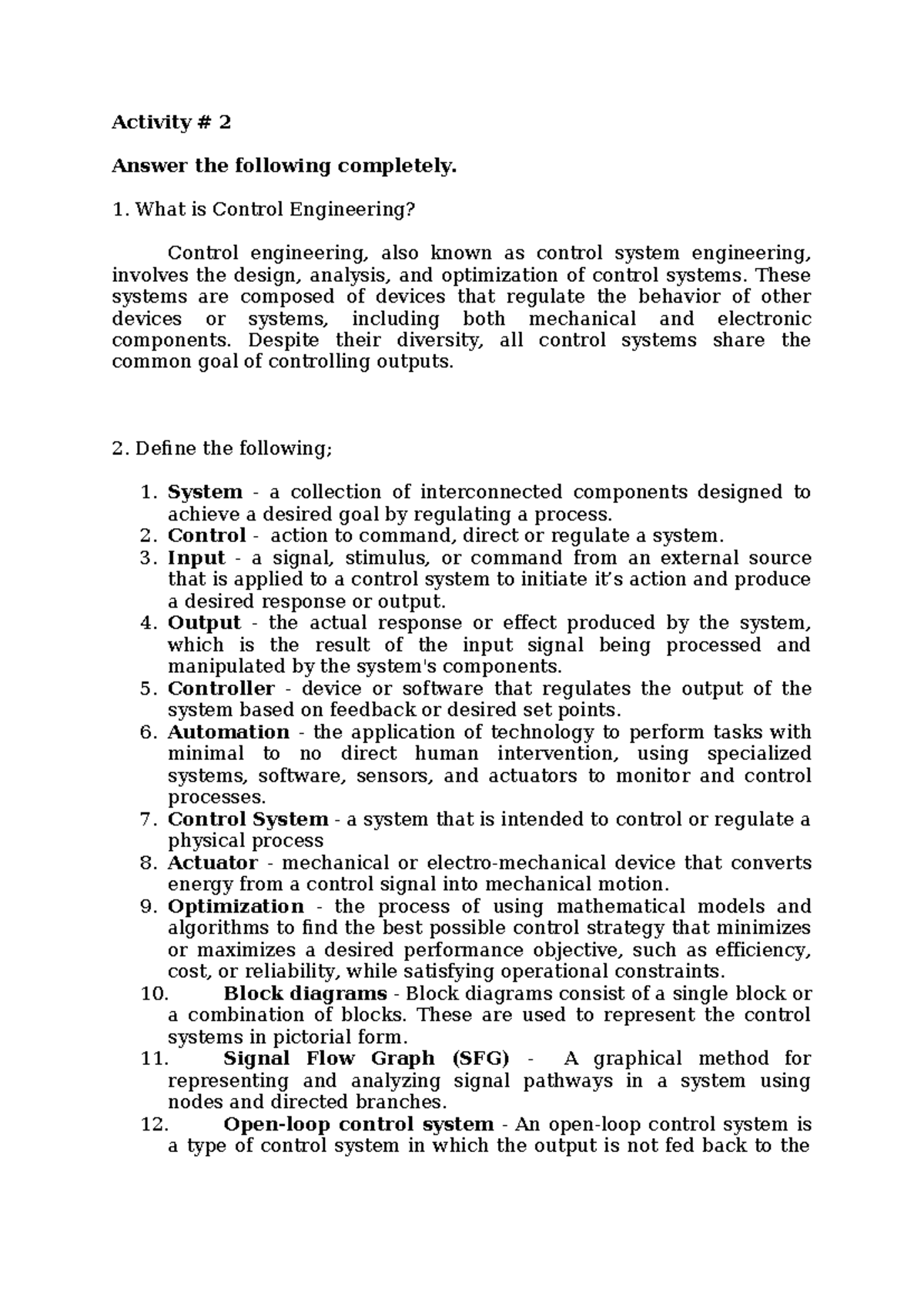 Activity 2 — Control Engineering Concepts and Definitions - Studocu