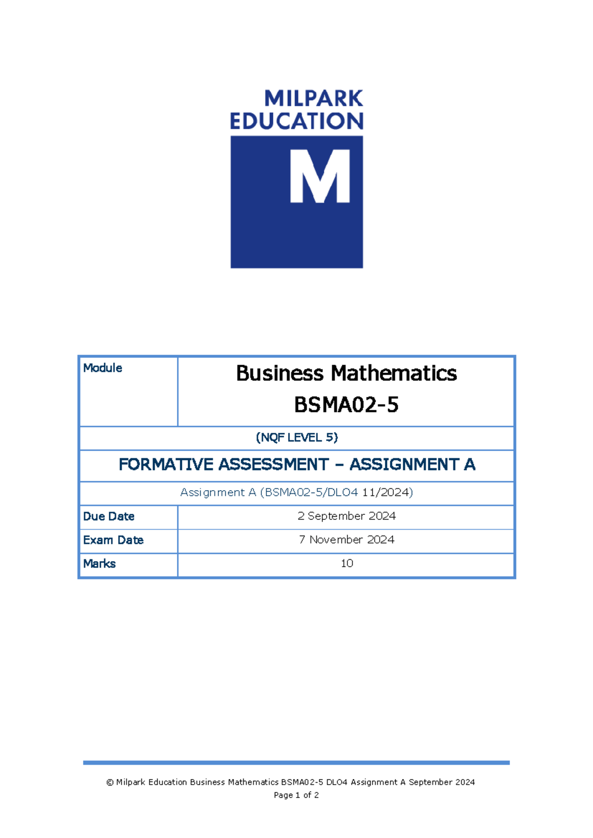 Business Mathematics Assignment A BSMA02-5/DLO4 Due Sept 2024 - Studocu