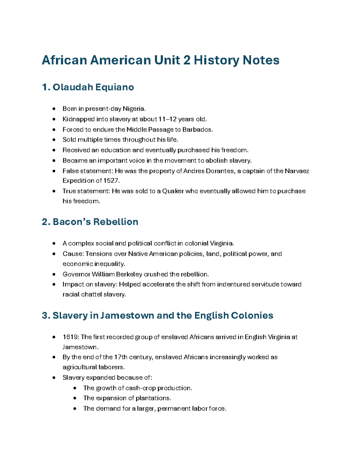 African American History Unit 2 Notes: Slavery and Resistance - Studocu