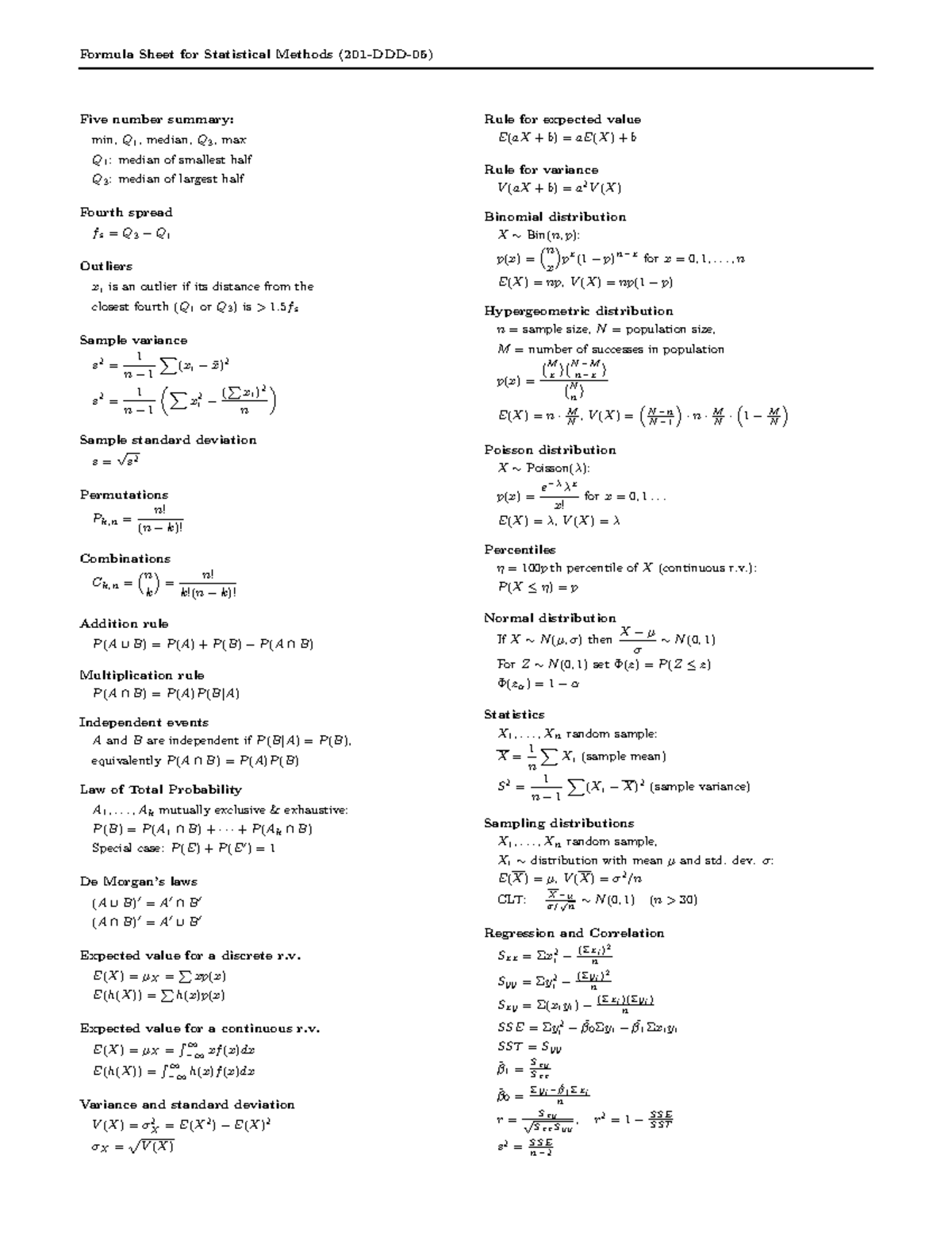 Formulas Statistics - Formula Sheet for Statistical Methods Five number ...