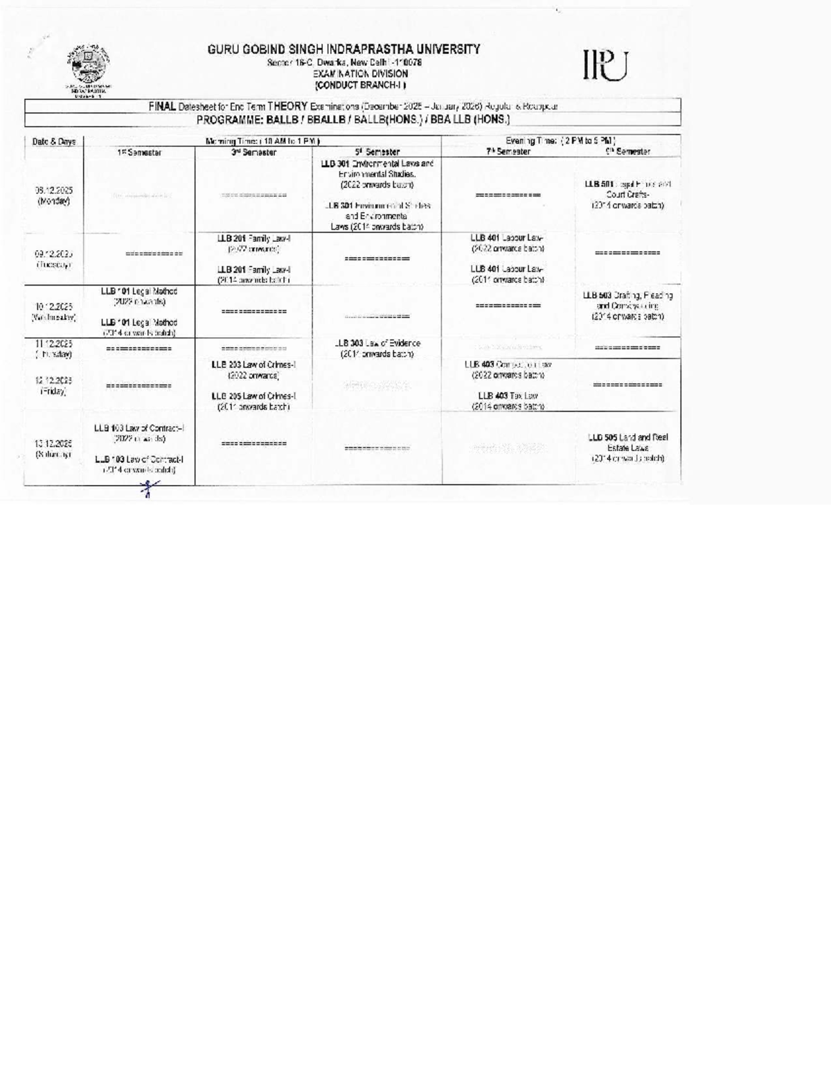 BA LLB Final Exam Datesheet for December 2025 - January 2026 - Studocu