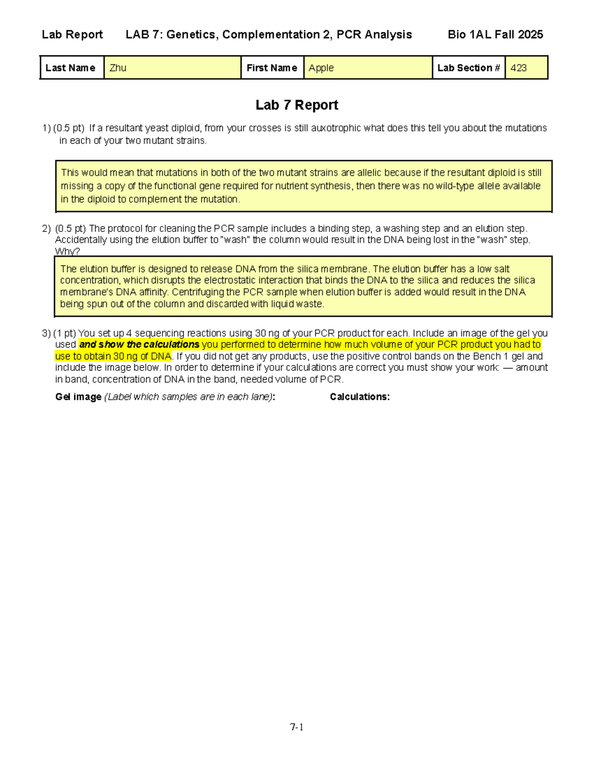Lab 7 Report: Genetics, Complementation 2, PCR Analysis - Bio 1AL Fall ...