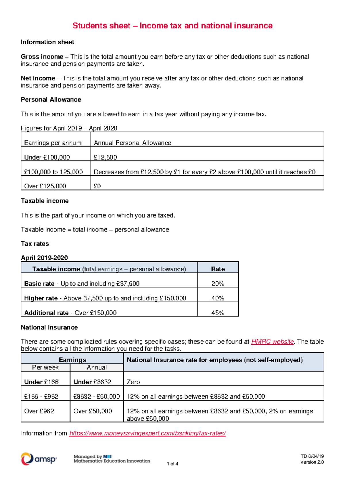 Income Tax & National Insurance Info Sheet for Students - Studocu