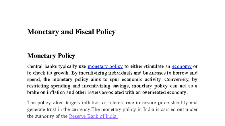 Monetary and Fiscal Policy Overview: Key Concepts and Instruments - Studocu