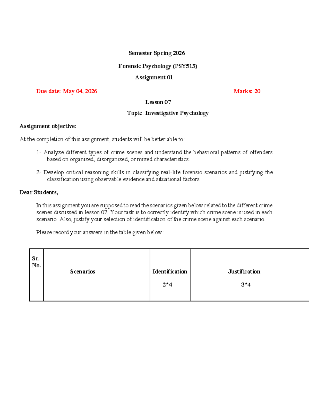 PSY513 Spring 2026 Forensic Psychology Assignment 01: Crime Scene ...
