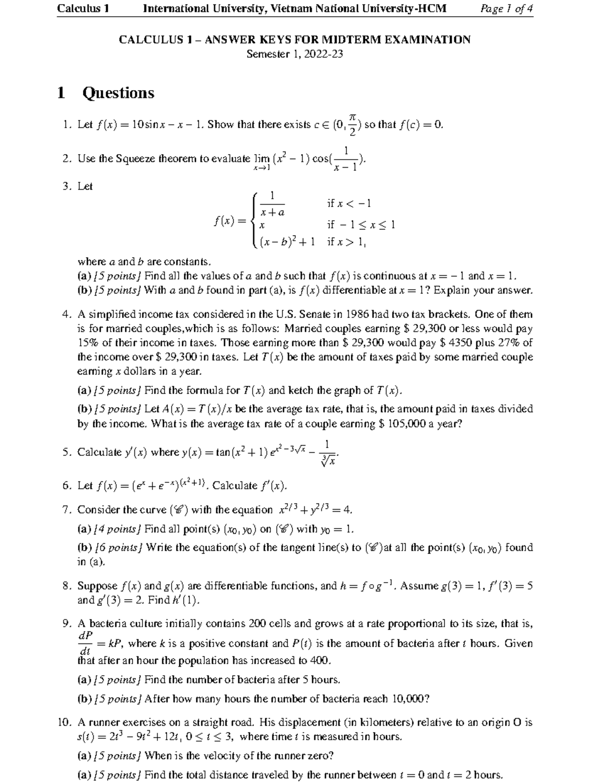 Calculus 1 (CAL1) Midterm Exam Answer Keys - Semester 1, 2022-23 - Studocu