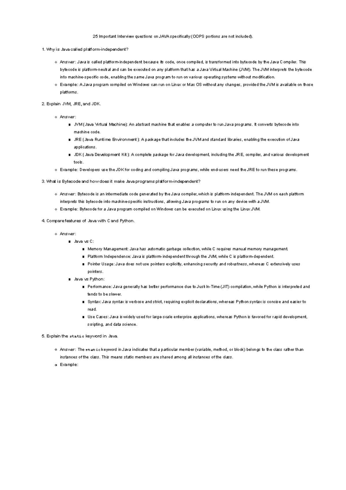 25 Essential JAVA Interview Questions (Excluding OOPS) - Studocu